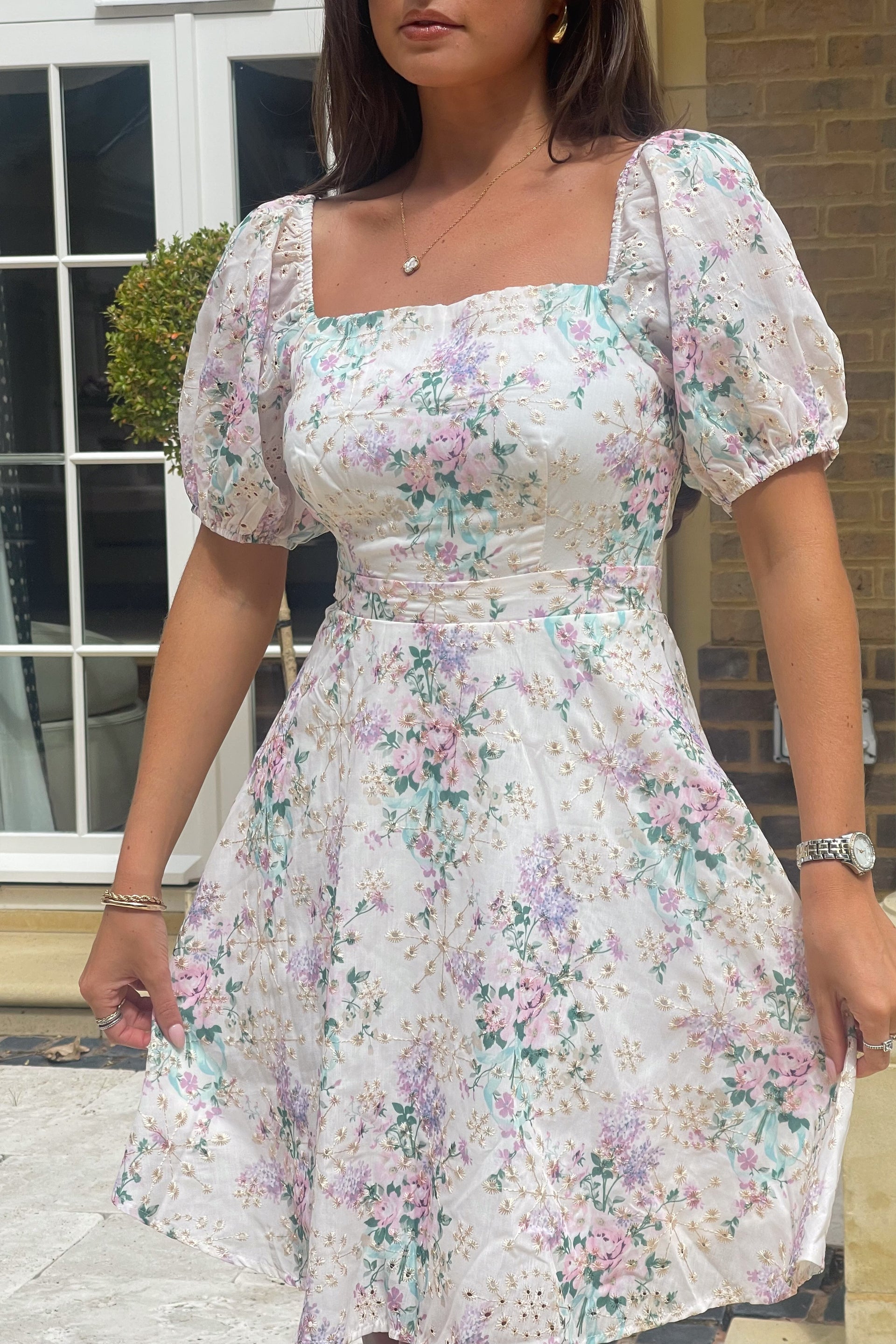 Ladies Hallie Cream Floral Broderie Mini Dress-Closer View of Front
