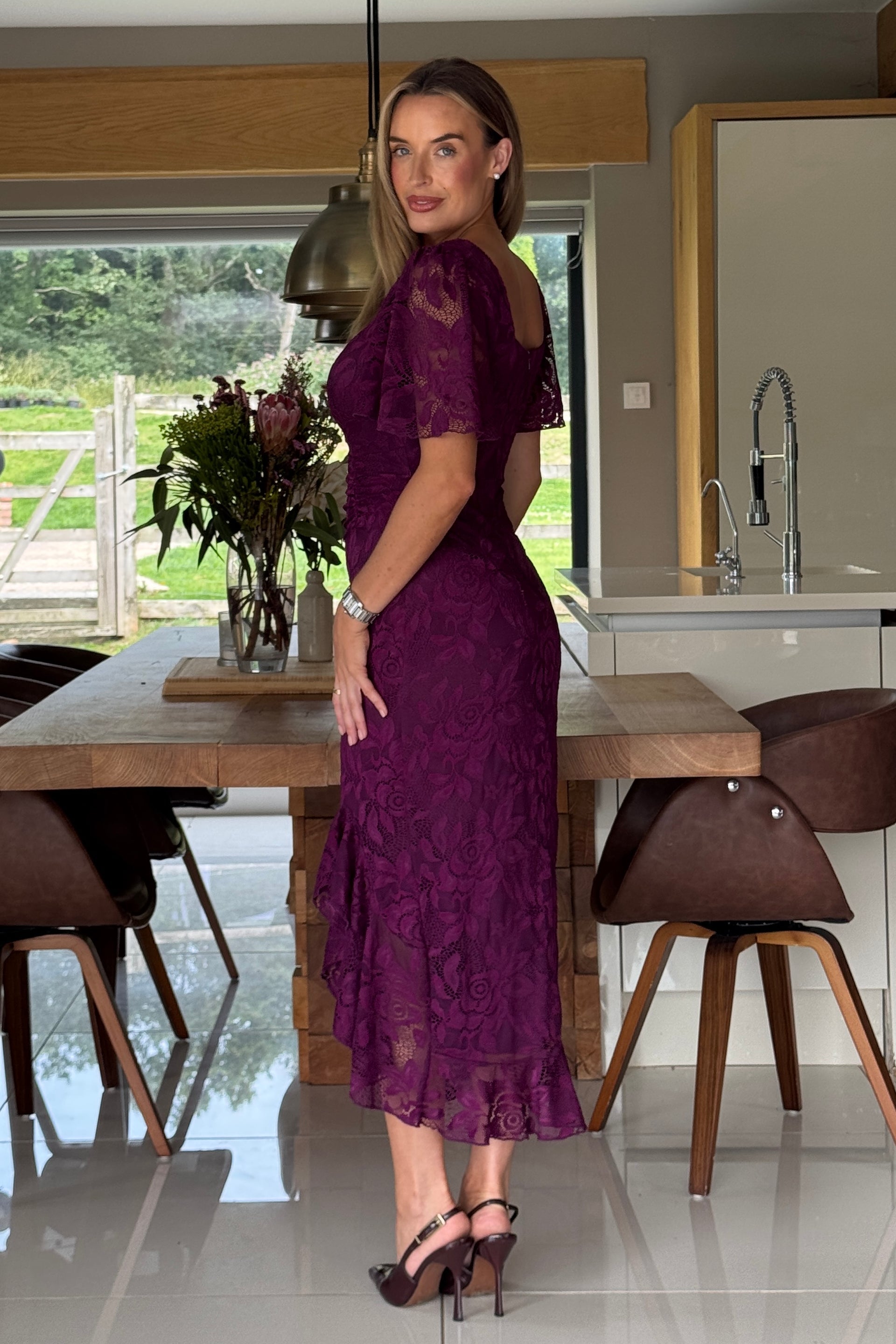 Ladies Heidi Lace Ruched Midi Plum Dress-Back View