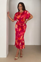 Girl In Mind Cleo Pink Absract Ruched Detail Midi Dress PINK front view