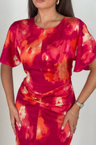 Girl In Mind Cleo Pink Absract Ruched Detail Midi Dress PINK model front view