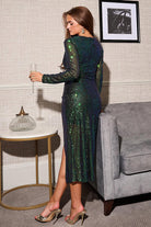 Girl In Mind Celia Green Multi Sequin Wrap Midi Dress Green back view