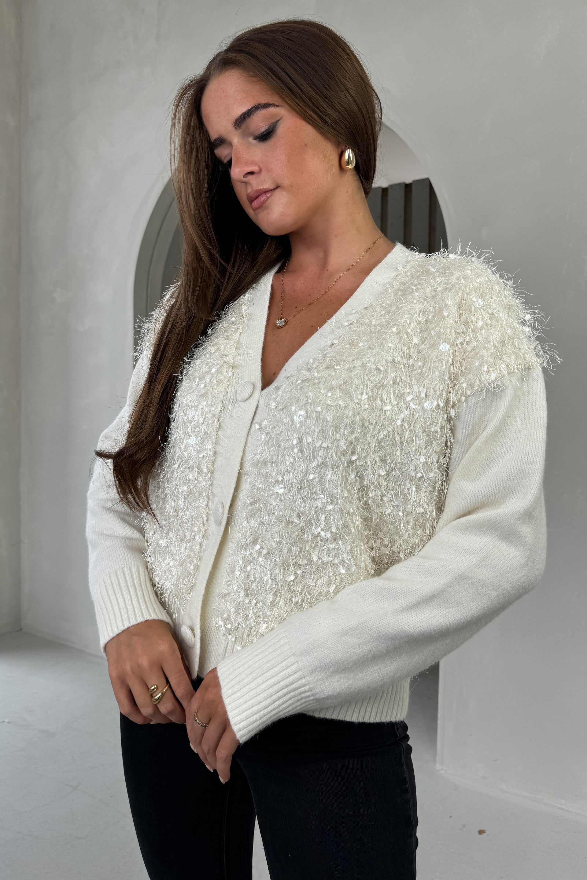 Ladies Josie Cream Knit Textured Cardigan-Model 1 Closer View of Front