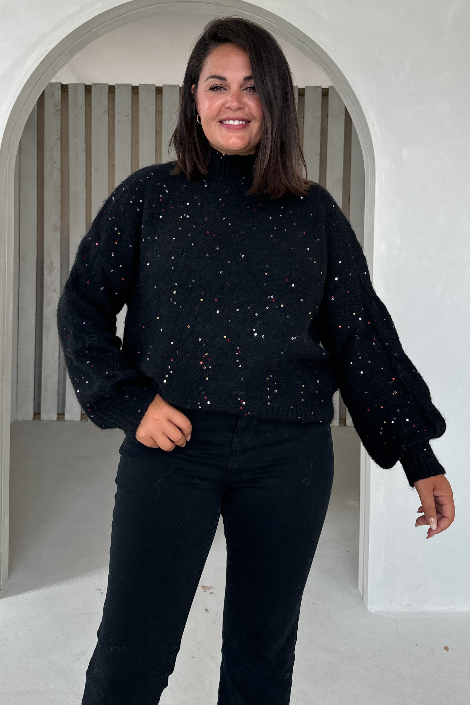 Ladies Sonya Black Speckled Sequin Knit Jumper-Model 1 Front View