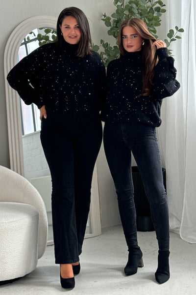 Ladies Sonya Black Speckled Sequin Knit Jumper-Both Models View