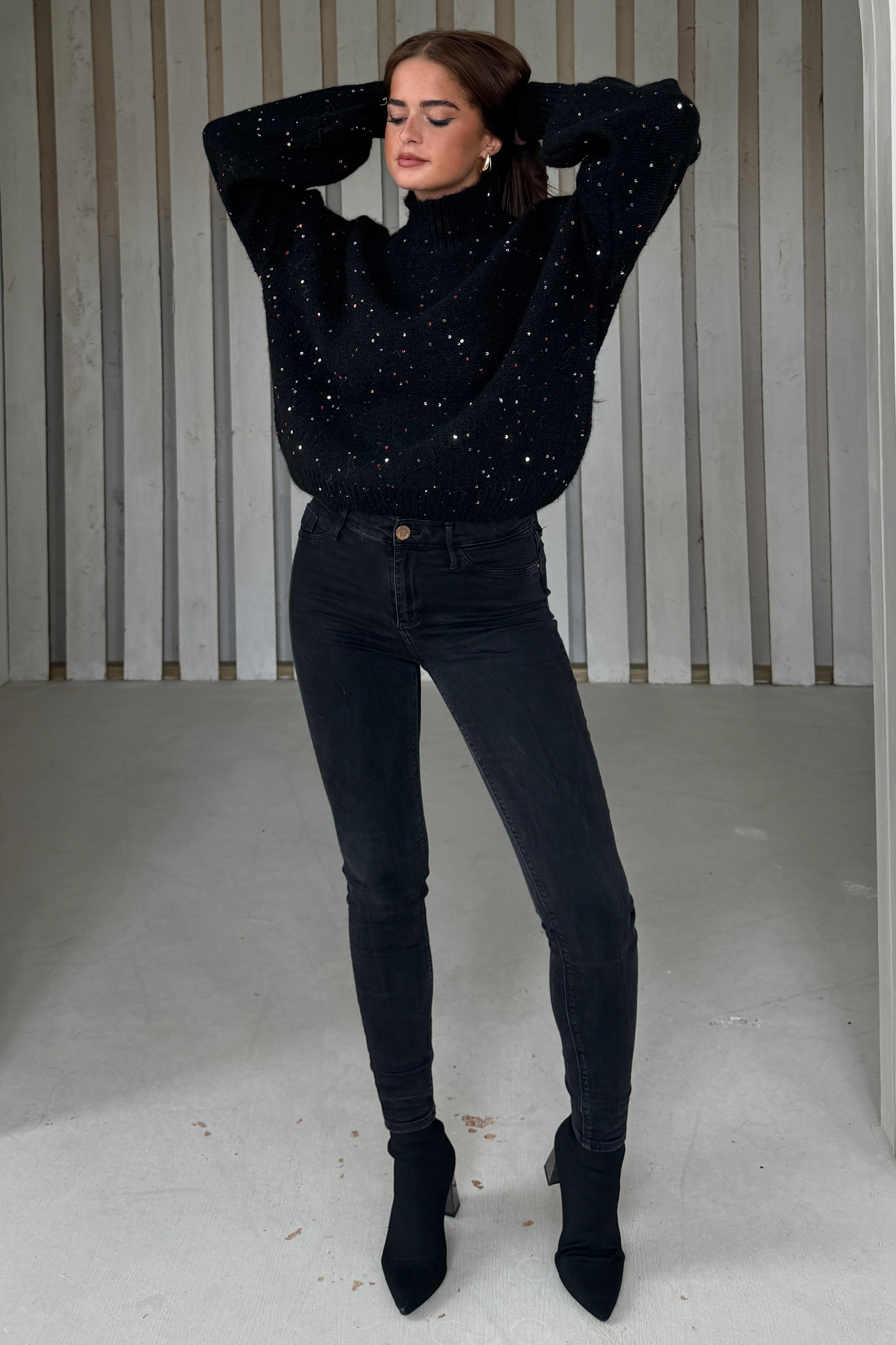 Ladies Sonya Black Speckled Sequin Knit Jumper-Model 2 Full Front View