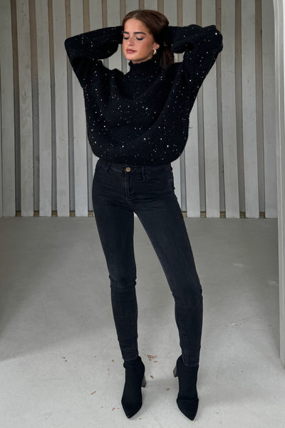 Ladies Sonya Black Speckled Sequin Knit Jumper-Model 2 Full Front View