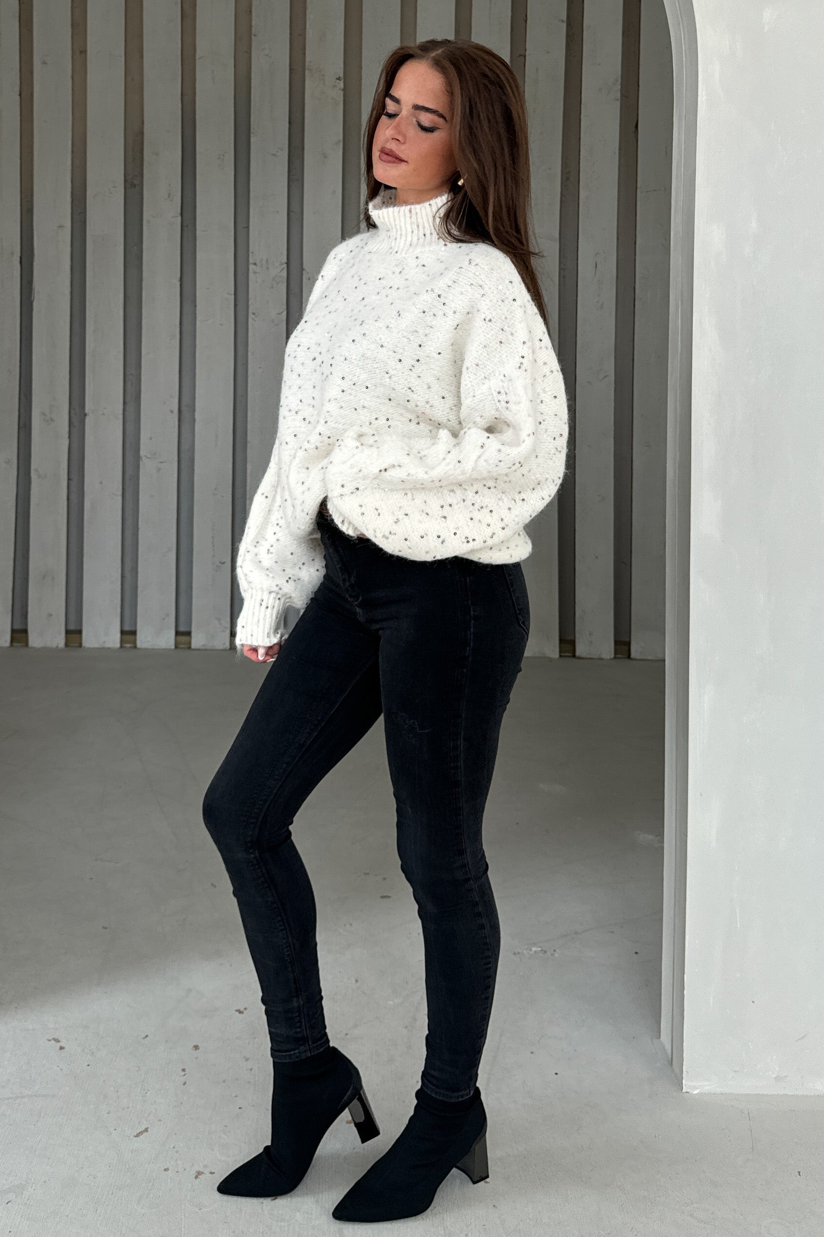 Ladies Sonya Cream Speckled Sequin Knit Jumper-Side View