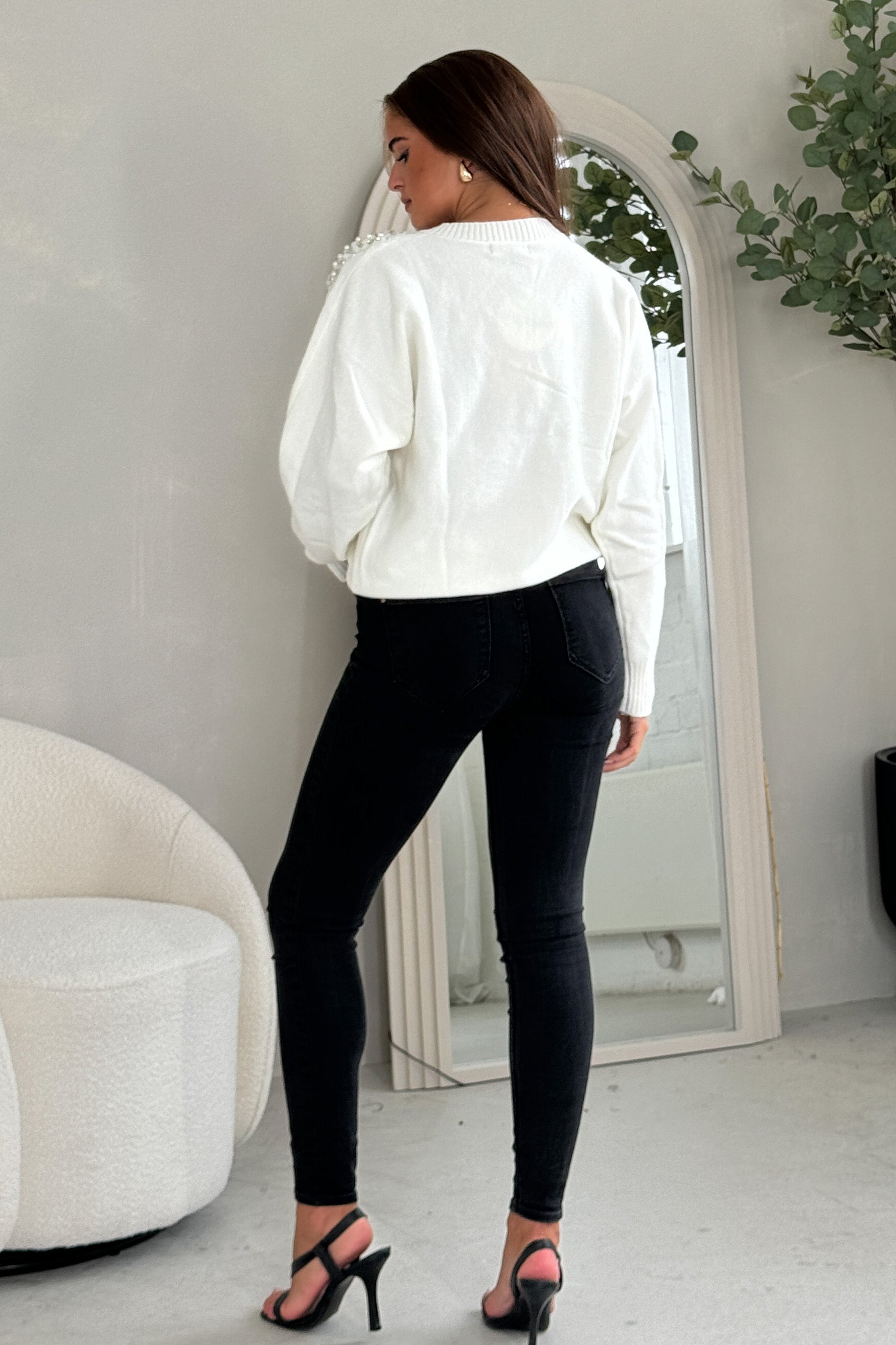 Sia Cream Knit With Pearl & Sequin Wing Detail Jumper-Back side view