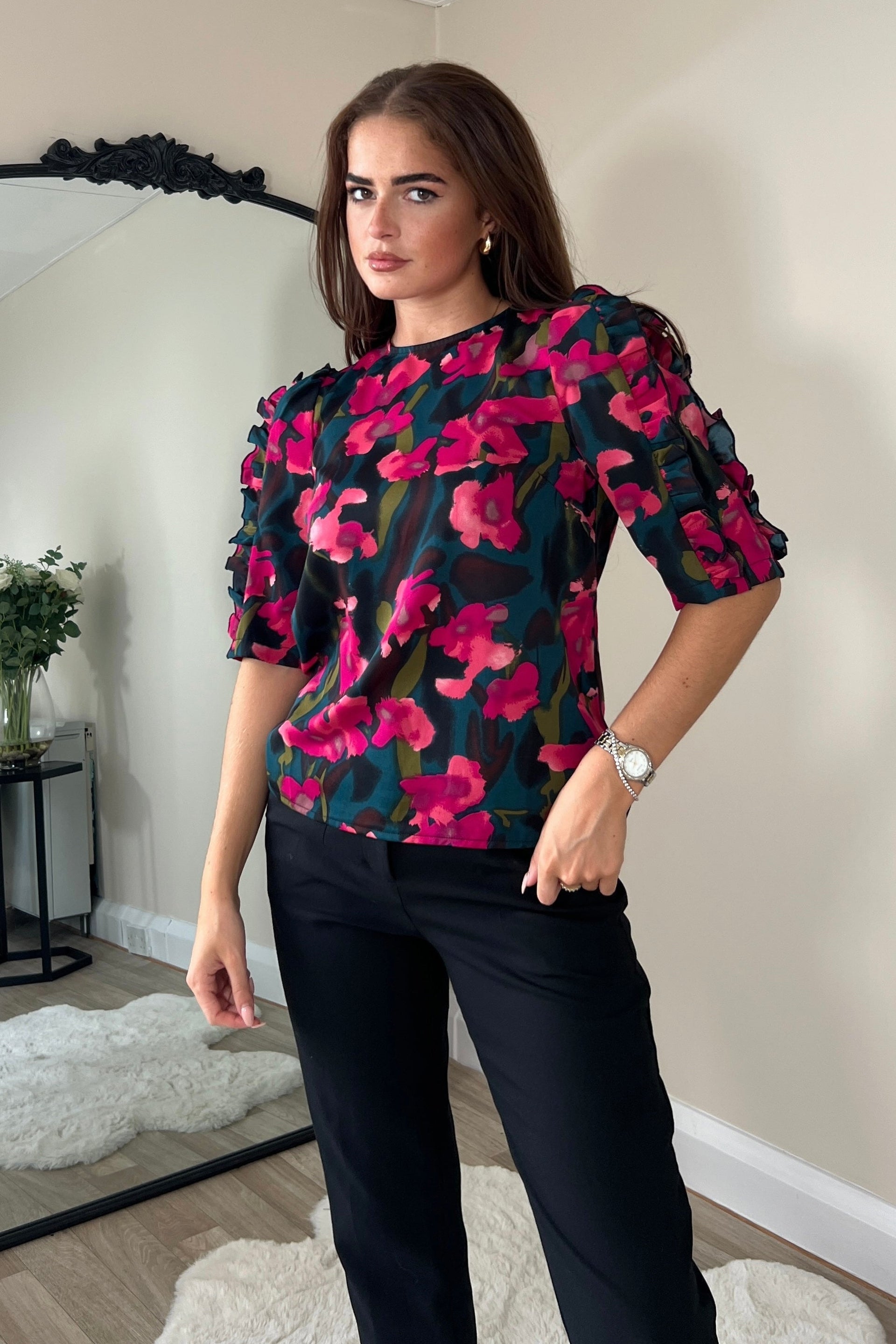 Asher Pink Floral Frill Sleeve Top-Front view