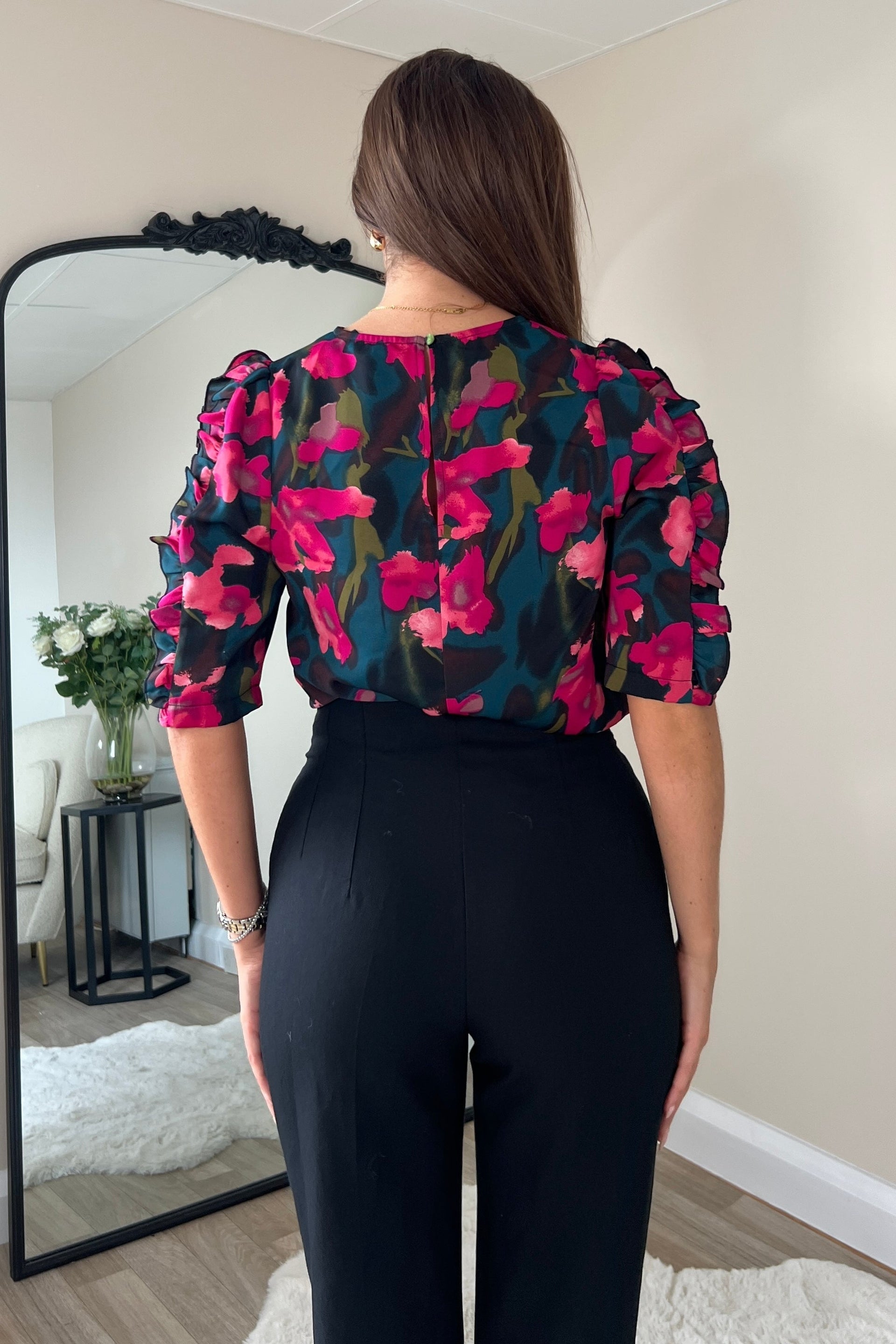 Asher Pink Floral Frill Sleeve Top-Back view