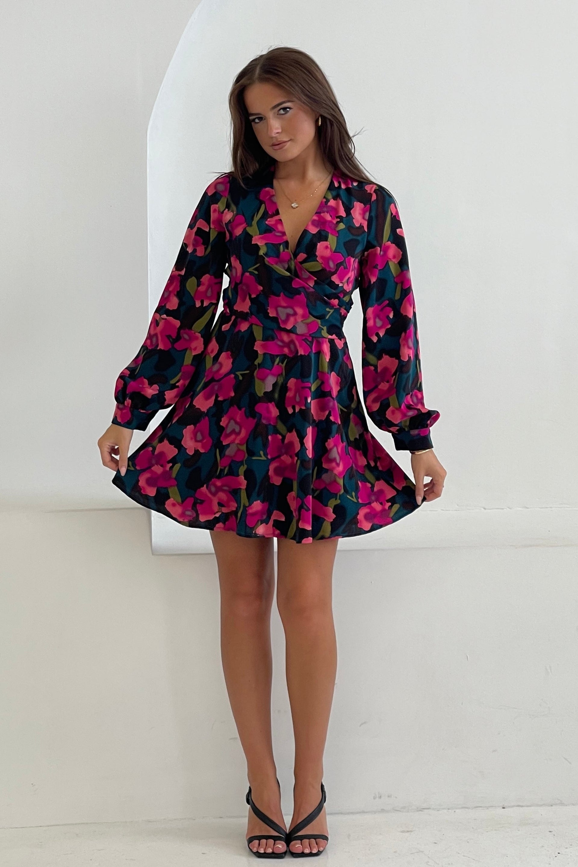 Ruth Floral Wrap Mini Skater Dress-Full model view