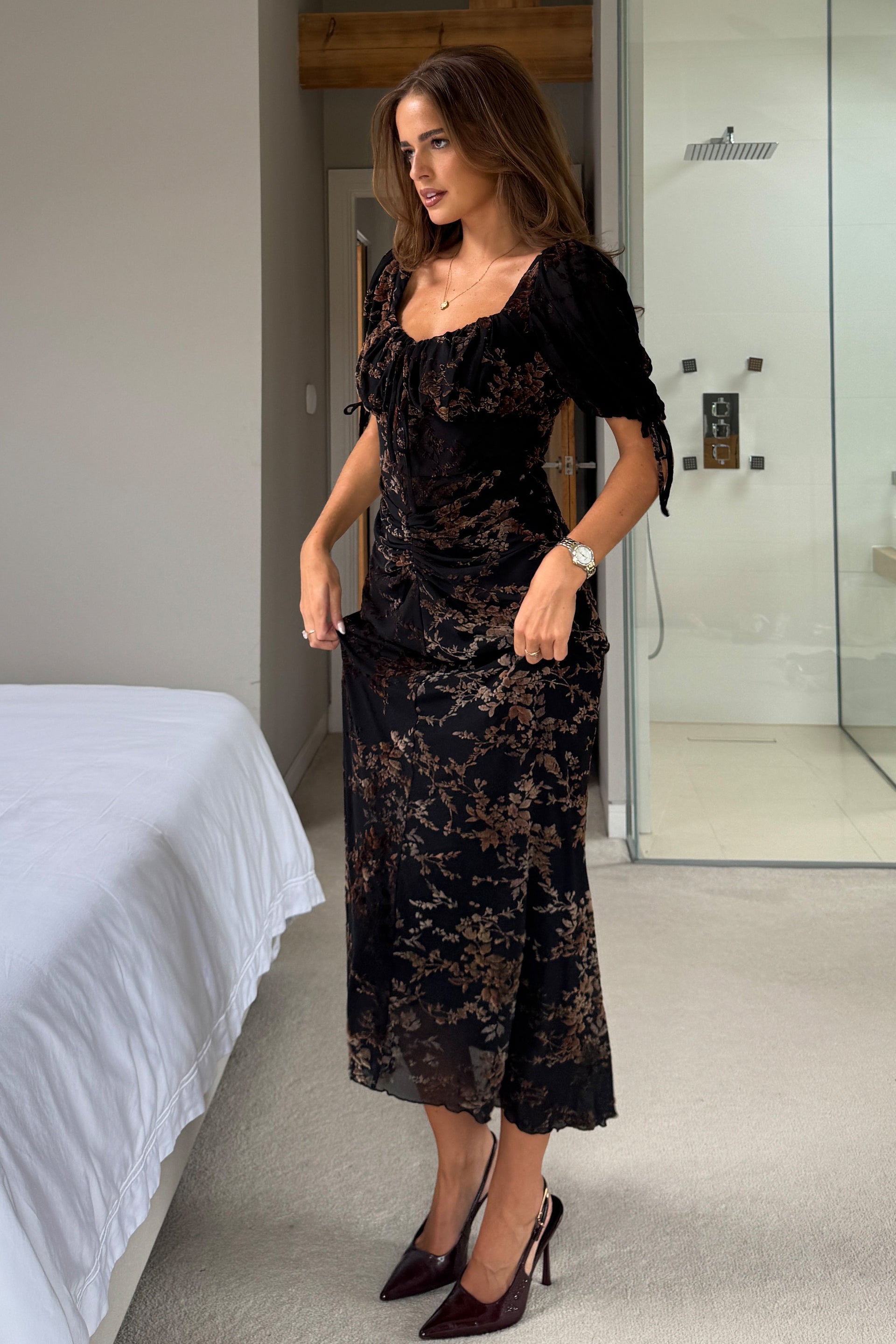 Ladies Dove Ruched Detail Midi Dress In Flocked Floral-Side View