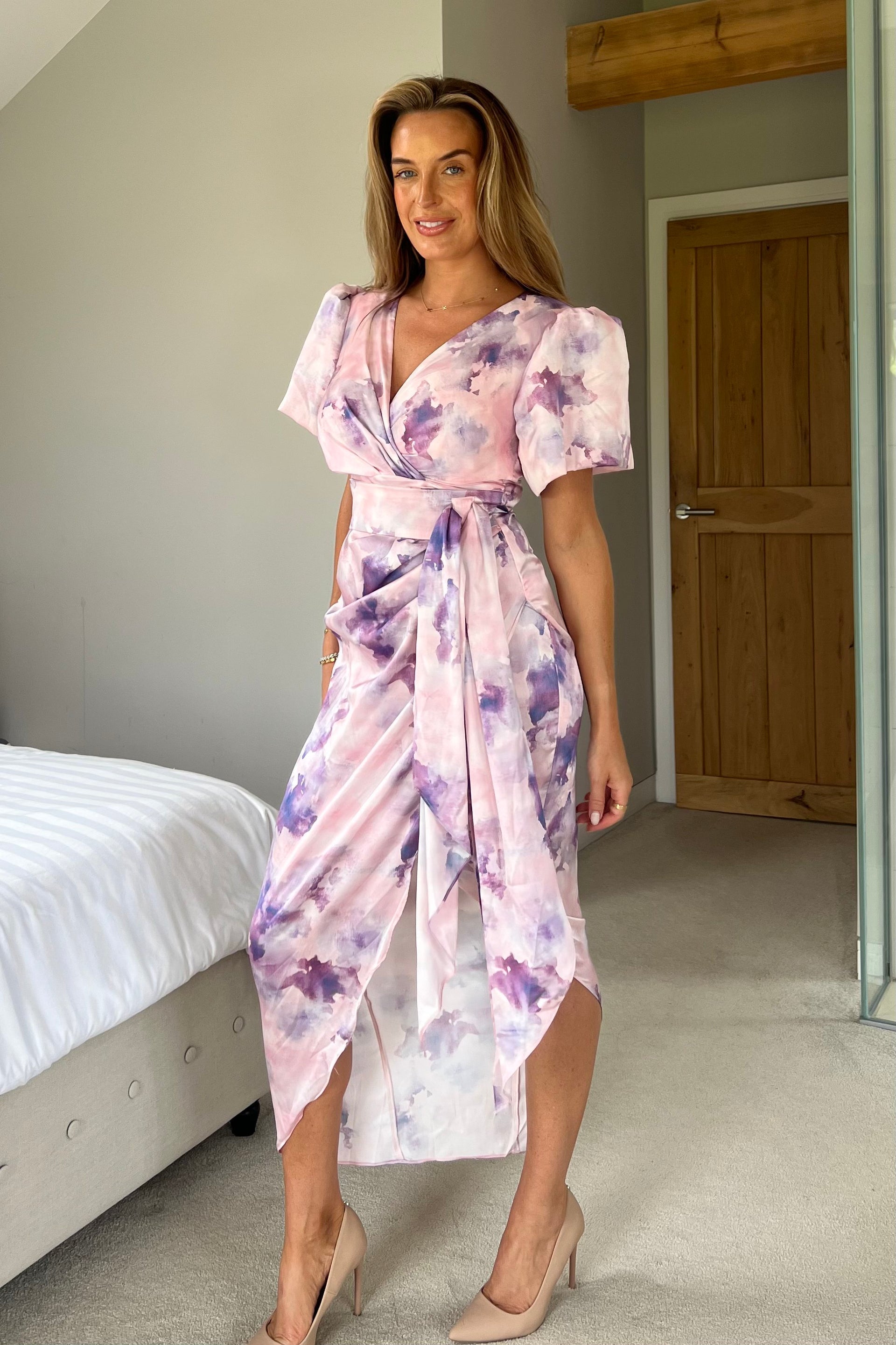 Ladies Drew Puff Sleeve Wrap Front Midi Purple Marble Dress-Side View