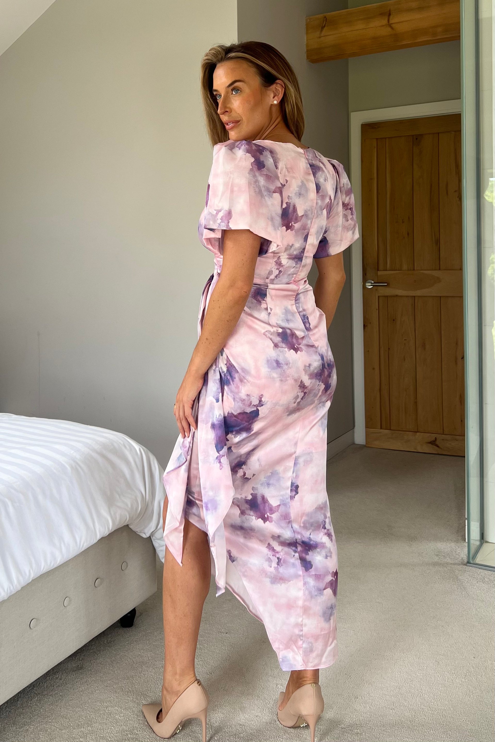 Ladies Drew Puff Sleeve Wrap Front Midi Purple Marble Dress-Back View