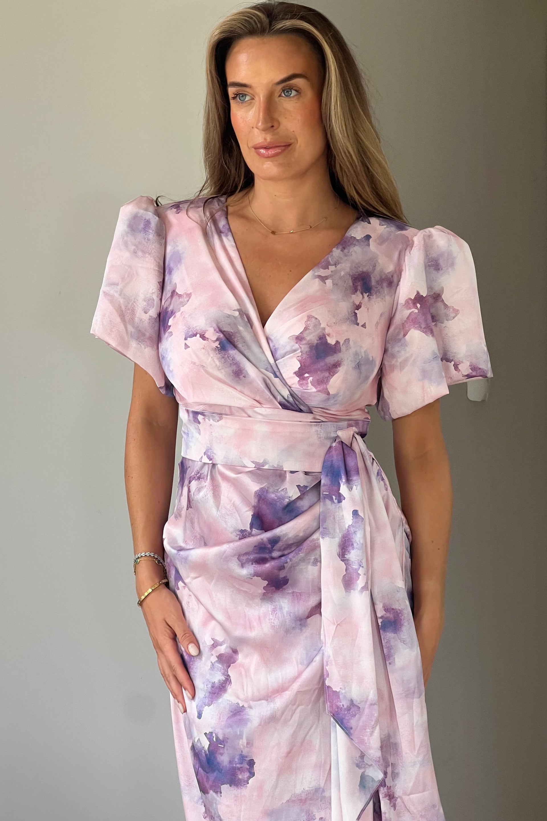 Ladies Drew Puff Sleeve Wrap Front Midi Purple Marble Dress-Close View of the Front