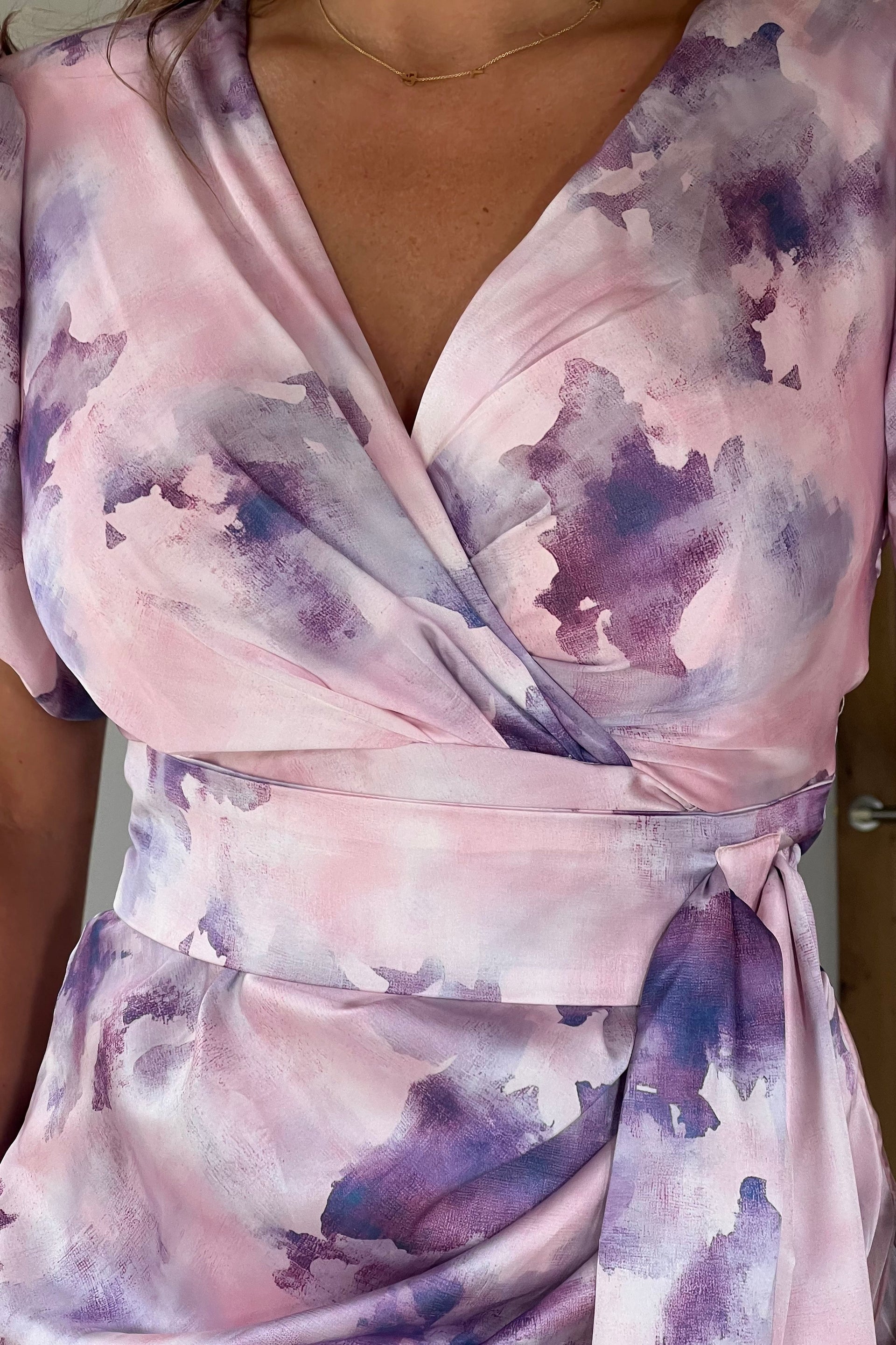 Ladies Drew Puff Sleeve Wrap Front Midi Purple Marble Dress-Close Up View