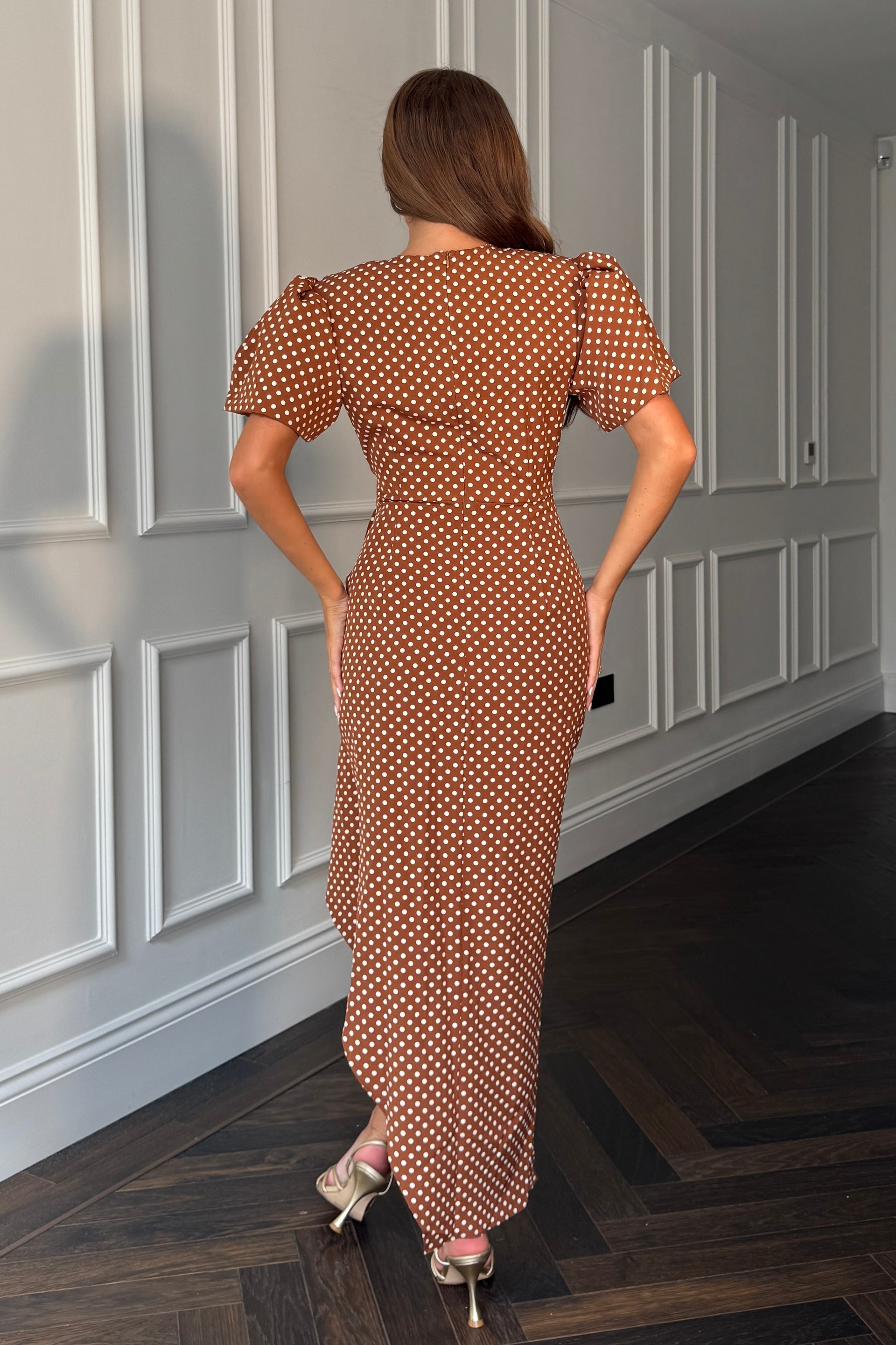 Ladies Drew Puff Sleeve Wrap Front Midi Brown Spot Dress-Back View