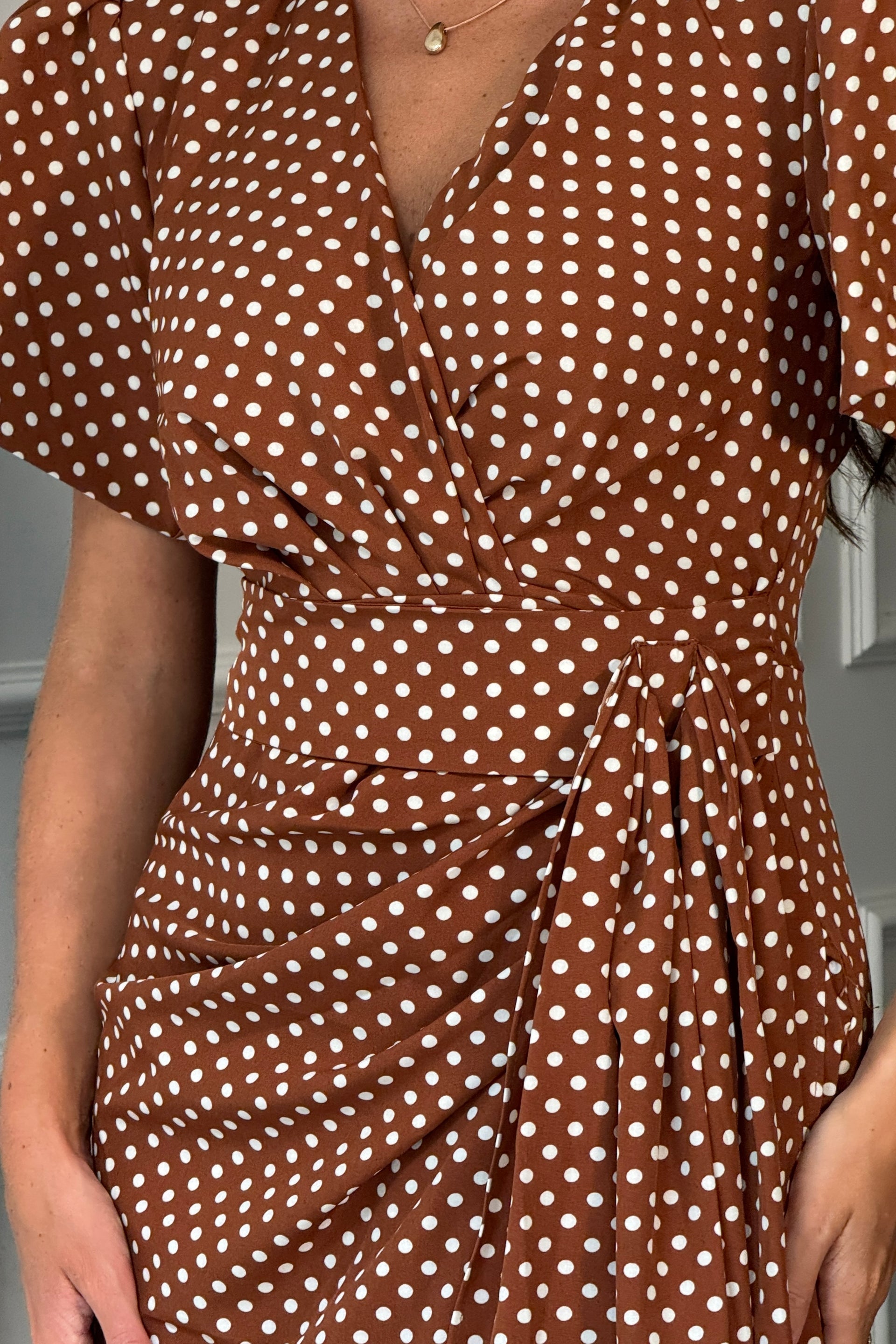 Ladies Drew Puff Sleeve Wrap Front Midi Brown Spot Dress-Pattern View