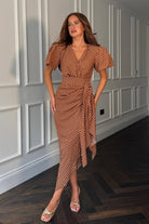 Girl In Mind Drew brown spot midi dress worn by model front view