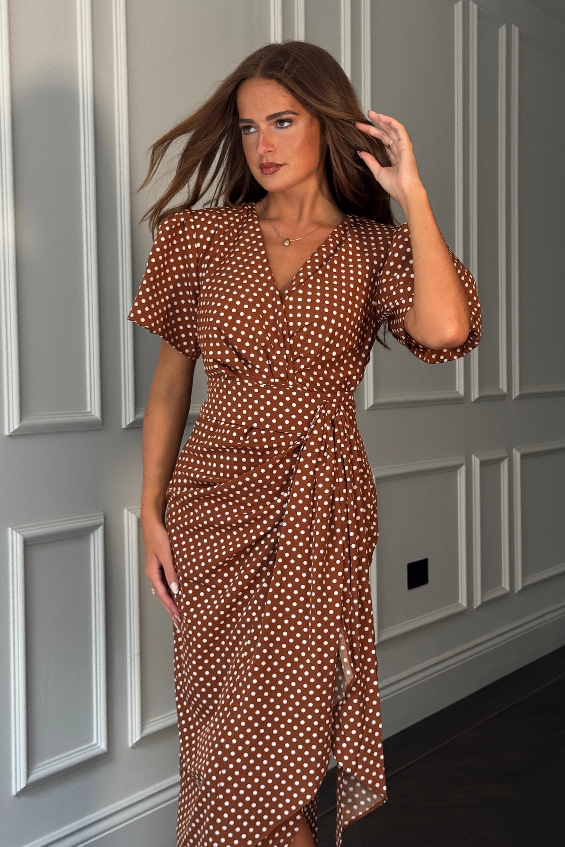 Ladies Drew Puff Sleeve Wrap Front Midi Brown Spot Dress-Closer View of the Front