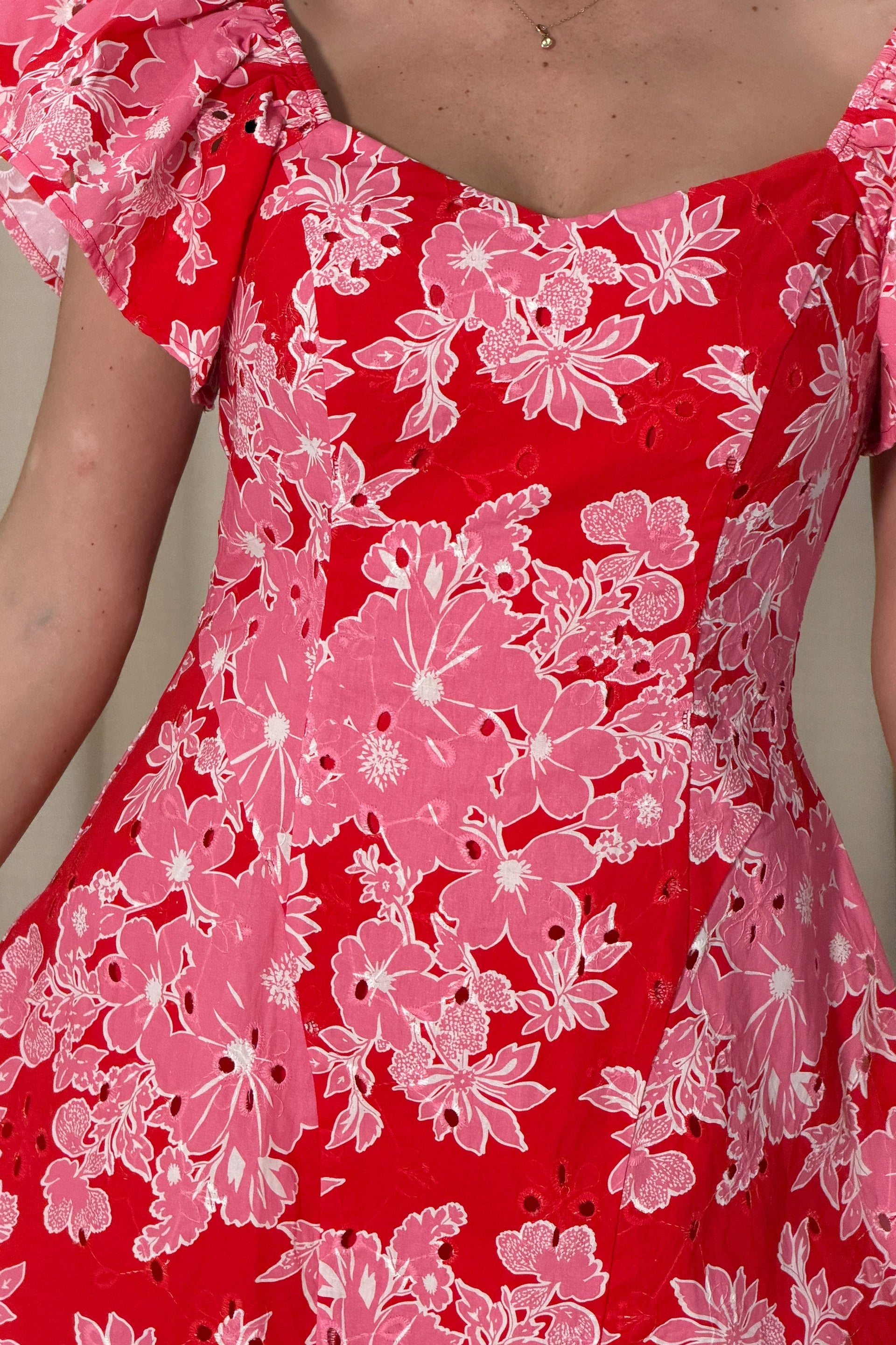 Ladies Alex Broiderie Anglais Pink/Red Mini Dress-Closer View of the Front