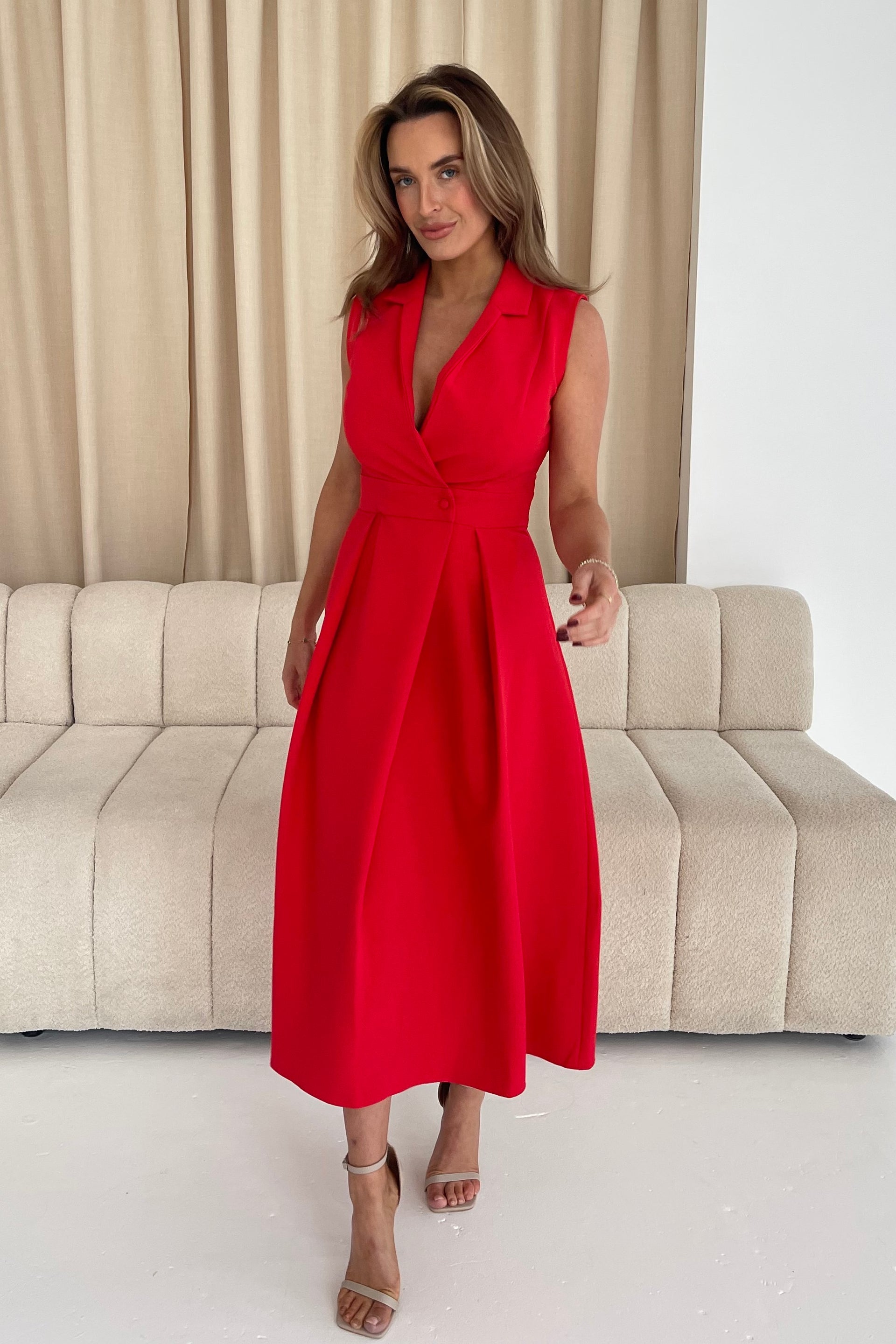 Ladies Cameron Collared Tailored Shirt Dress Midi Red-Model Full Front View