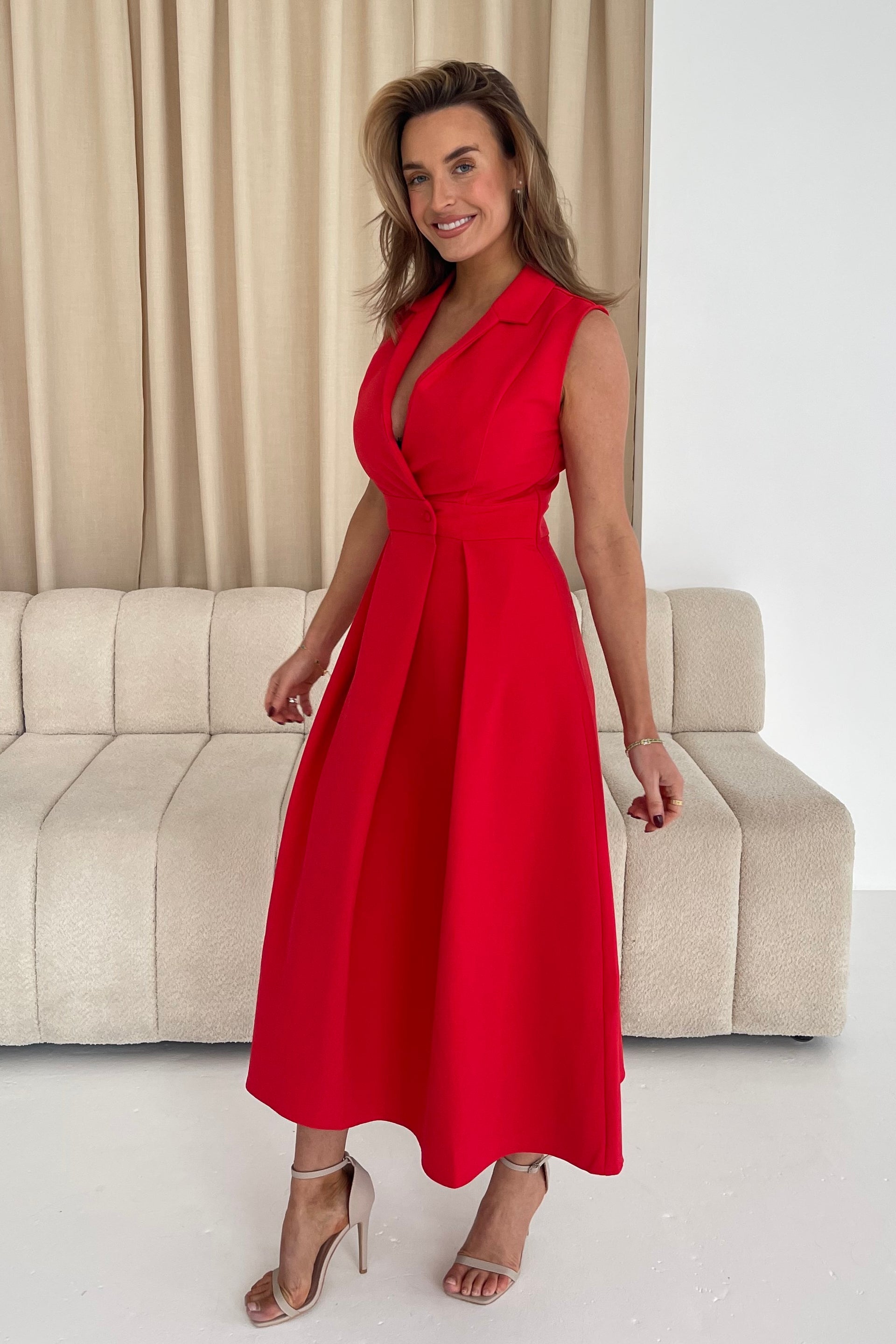 Ladies Cameron Collared Tailored Shirt Dress Midi Red-Side View