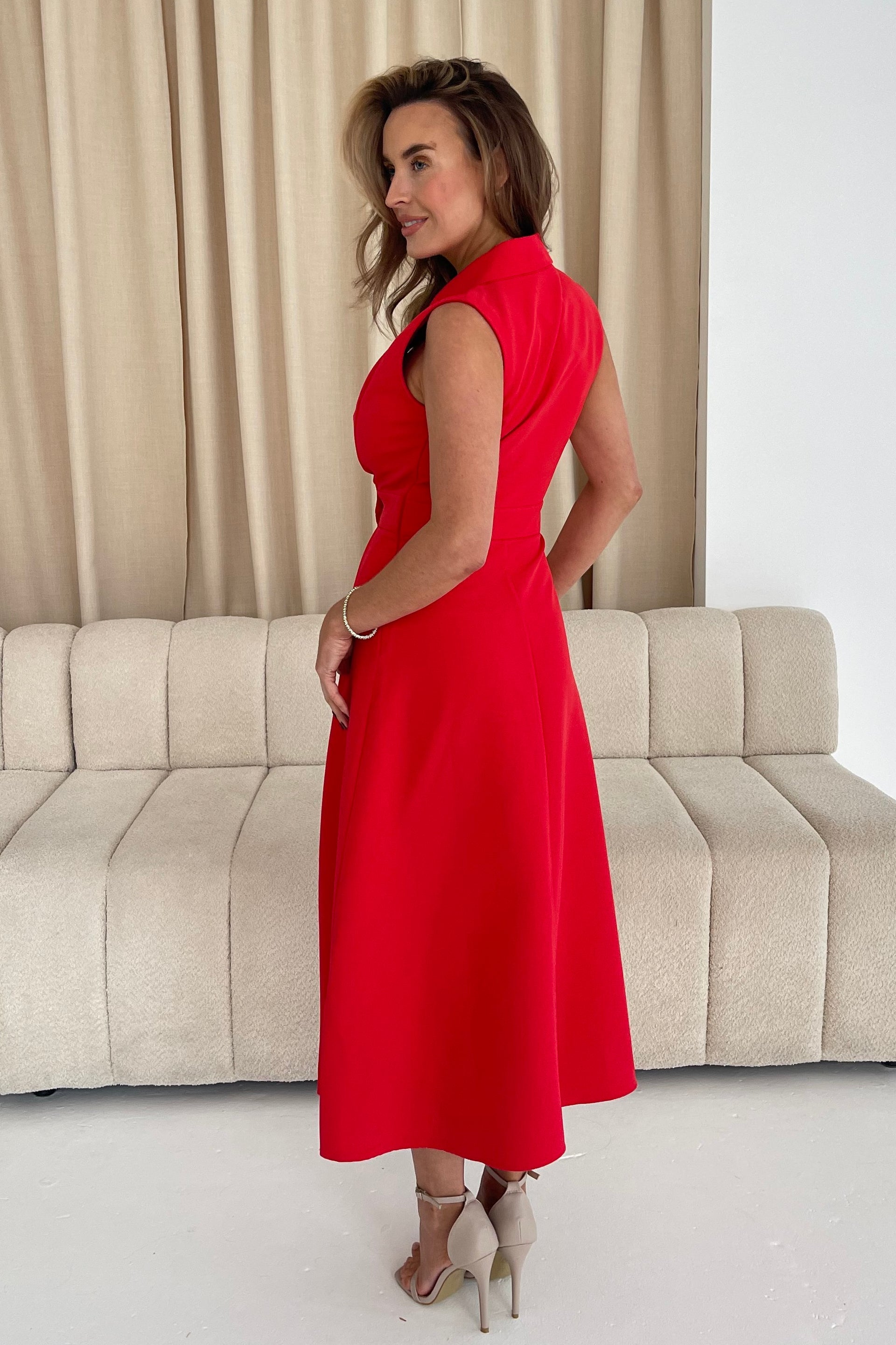 Ladies Cameron Collared Tailored Shirt Dress Midi Red-Back View
