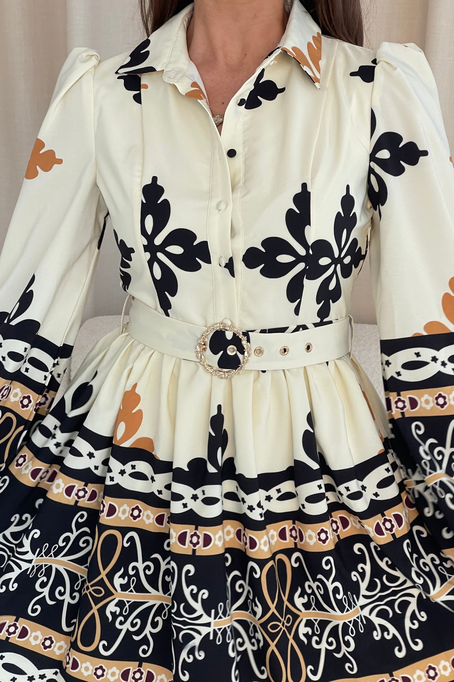 Girl In Mind Holland Border Print Cream Shirt Mini Dress Cream model front view