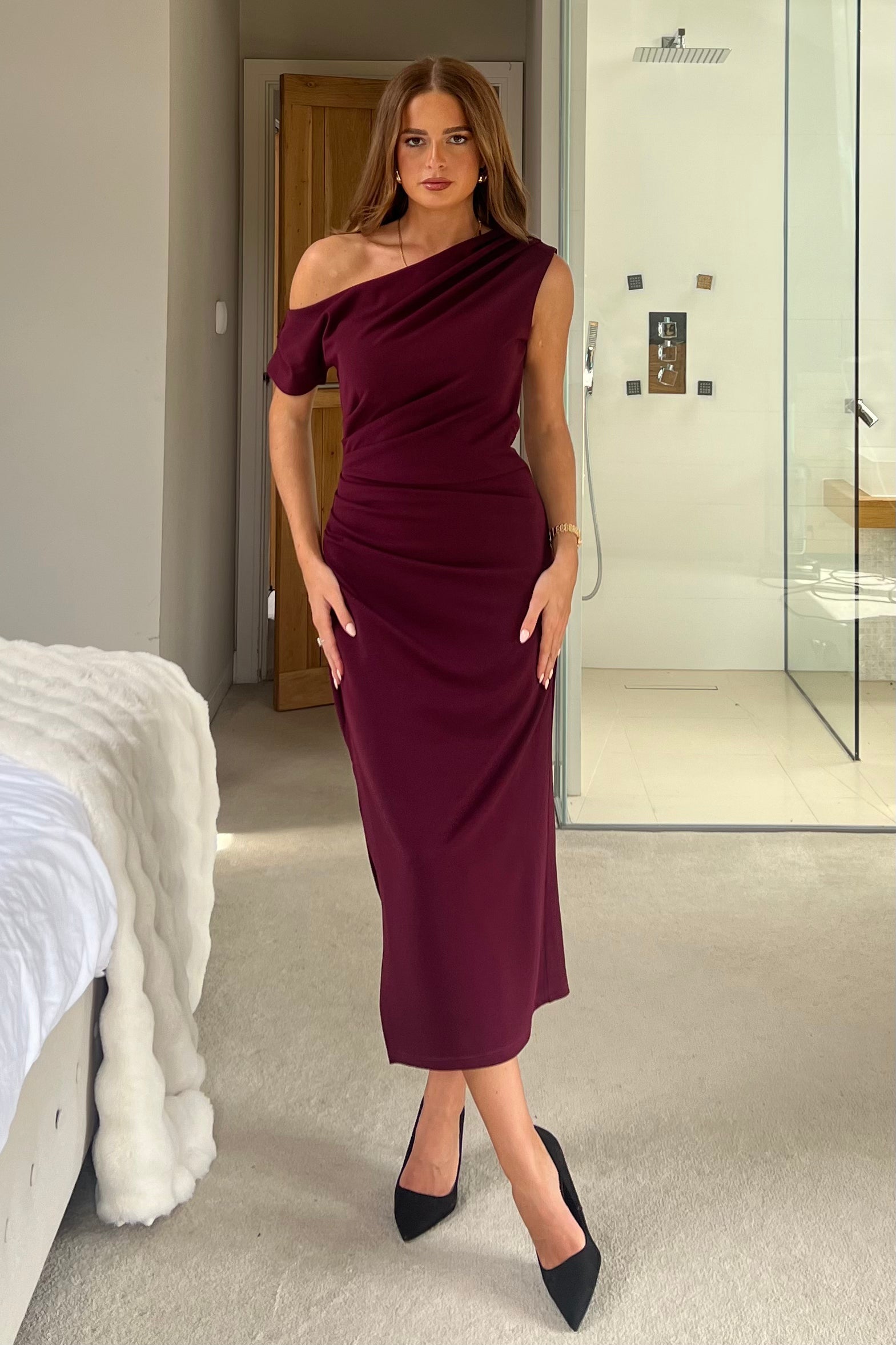 Ladies Donna Asymmetric Neckline Plum Midi Dress-Model Full Front View
