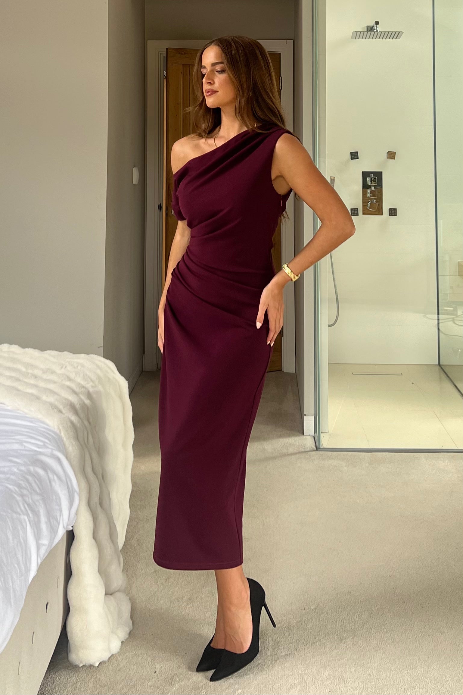 Ladies Donna Asymmetric Neckline Plum Midi Dress-Side View