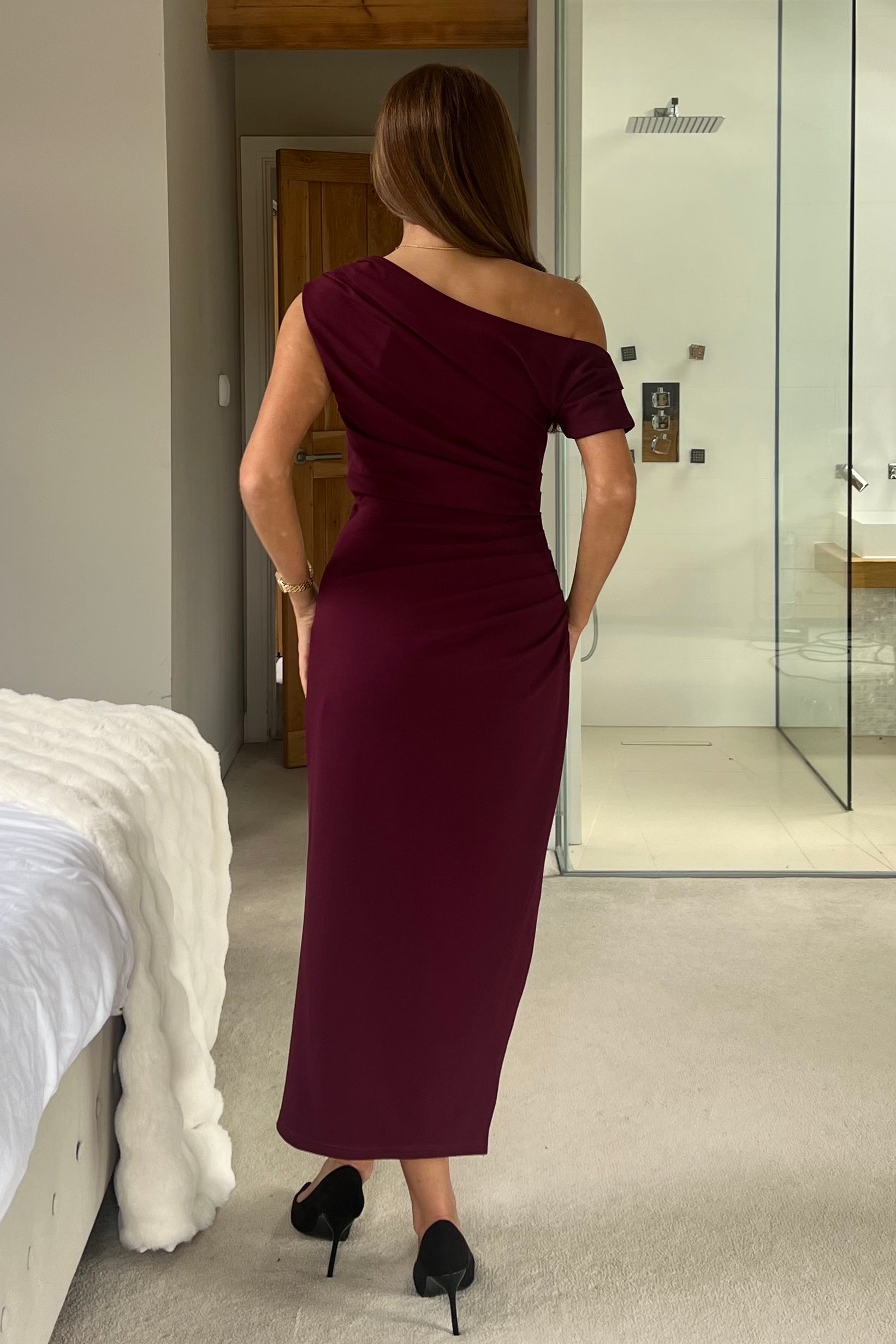 Ladies Donna Asymmetric Neckline Plum Midi Dress-Back View