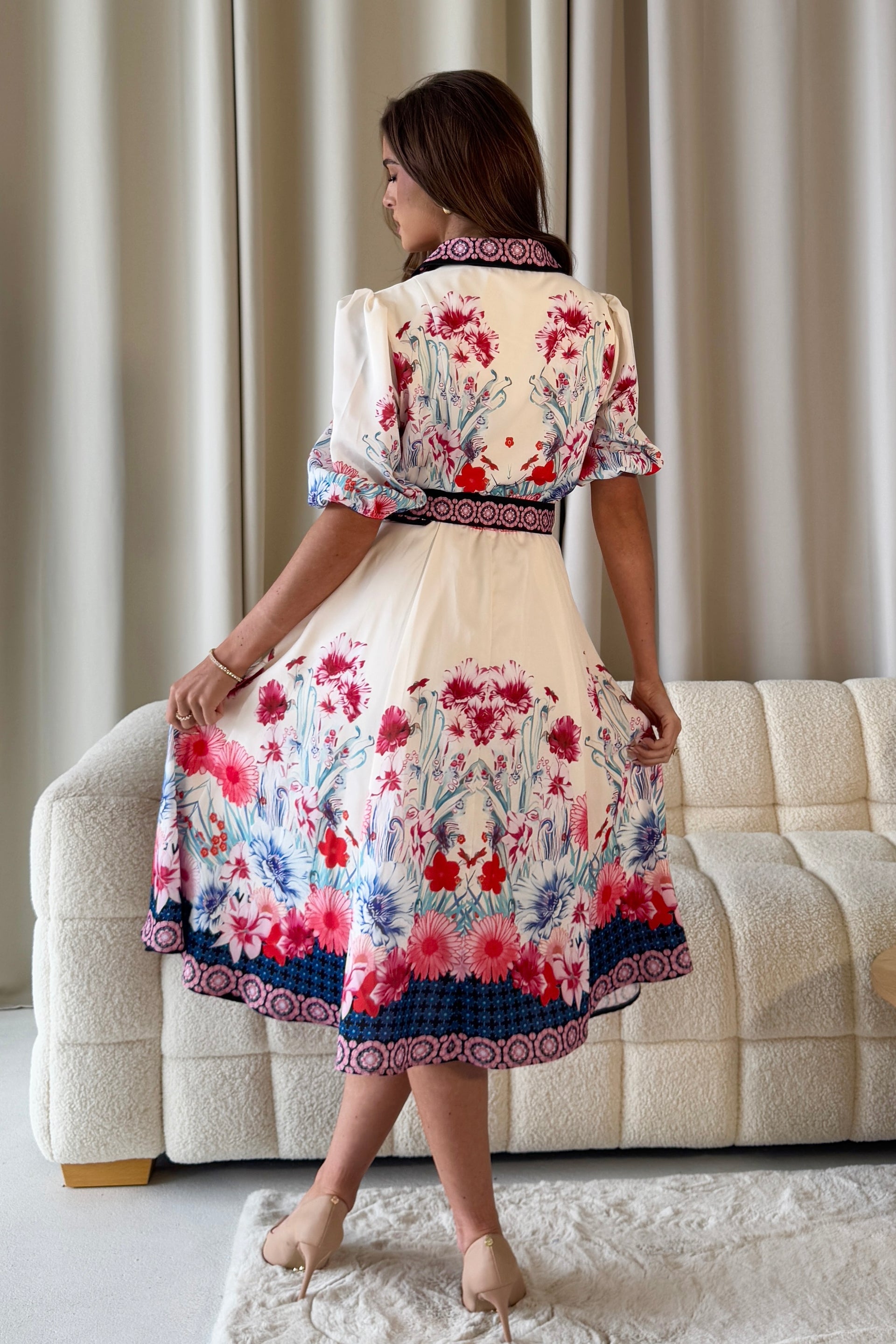 Ladies Holland Cream/Pink Floral Border Print Midi Dress-Back View