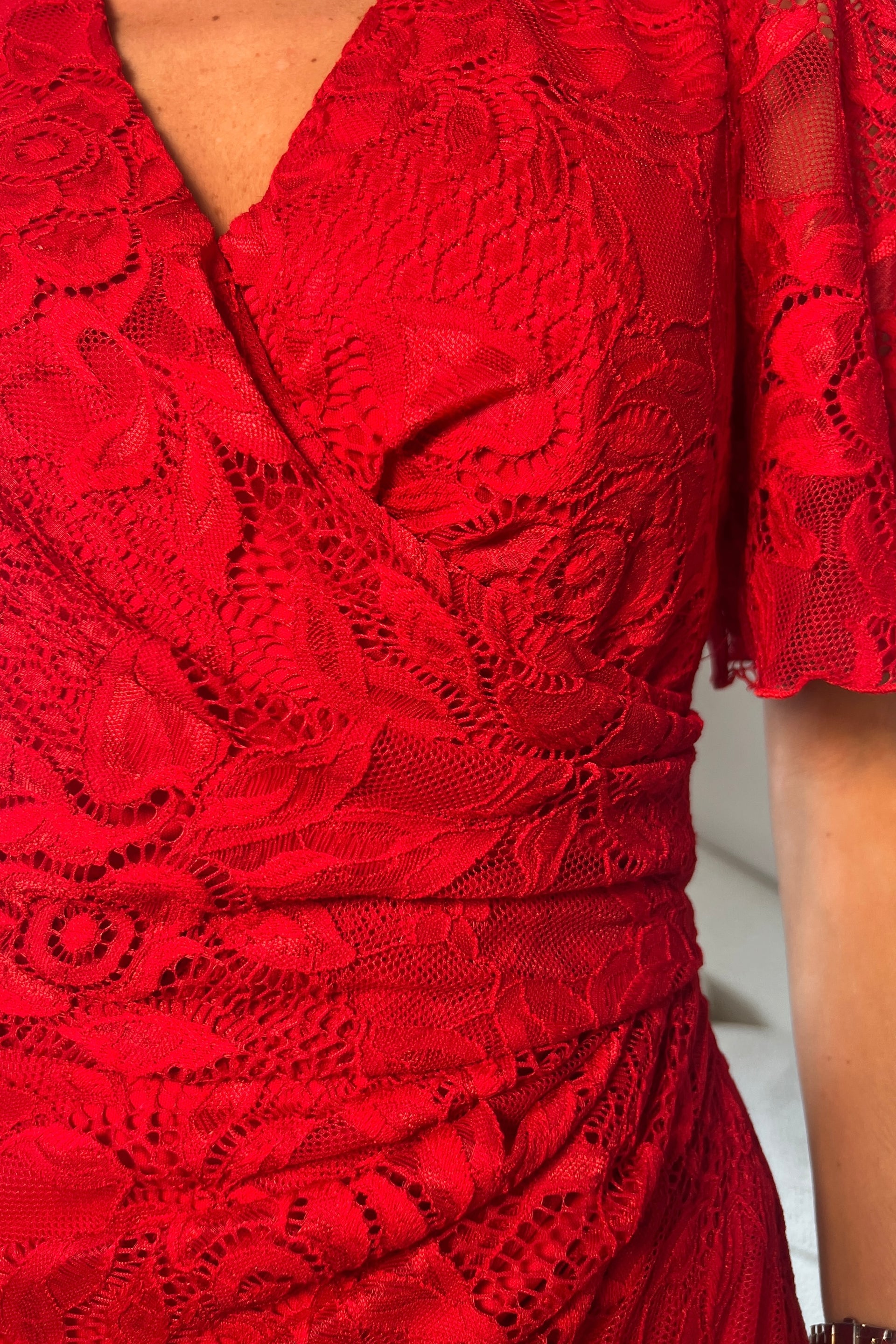Ladies Natasha Angel Sleeve Wrap Midi Dress in Red Lace-Pattern View of the Dress
