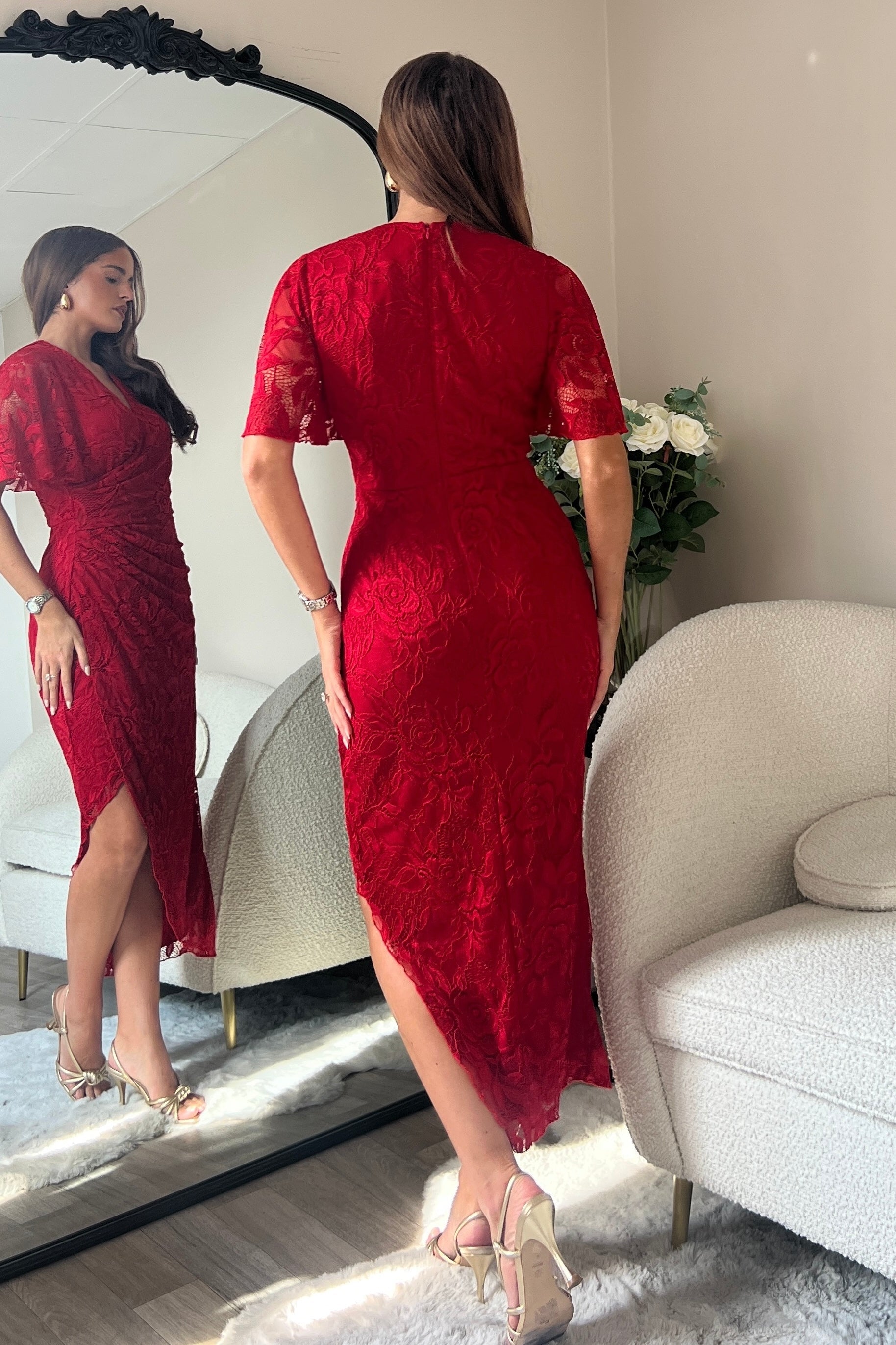 Ladies Natasha Angel Sleeve Wrap Midi Dress in Red Lace-Back View