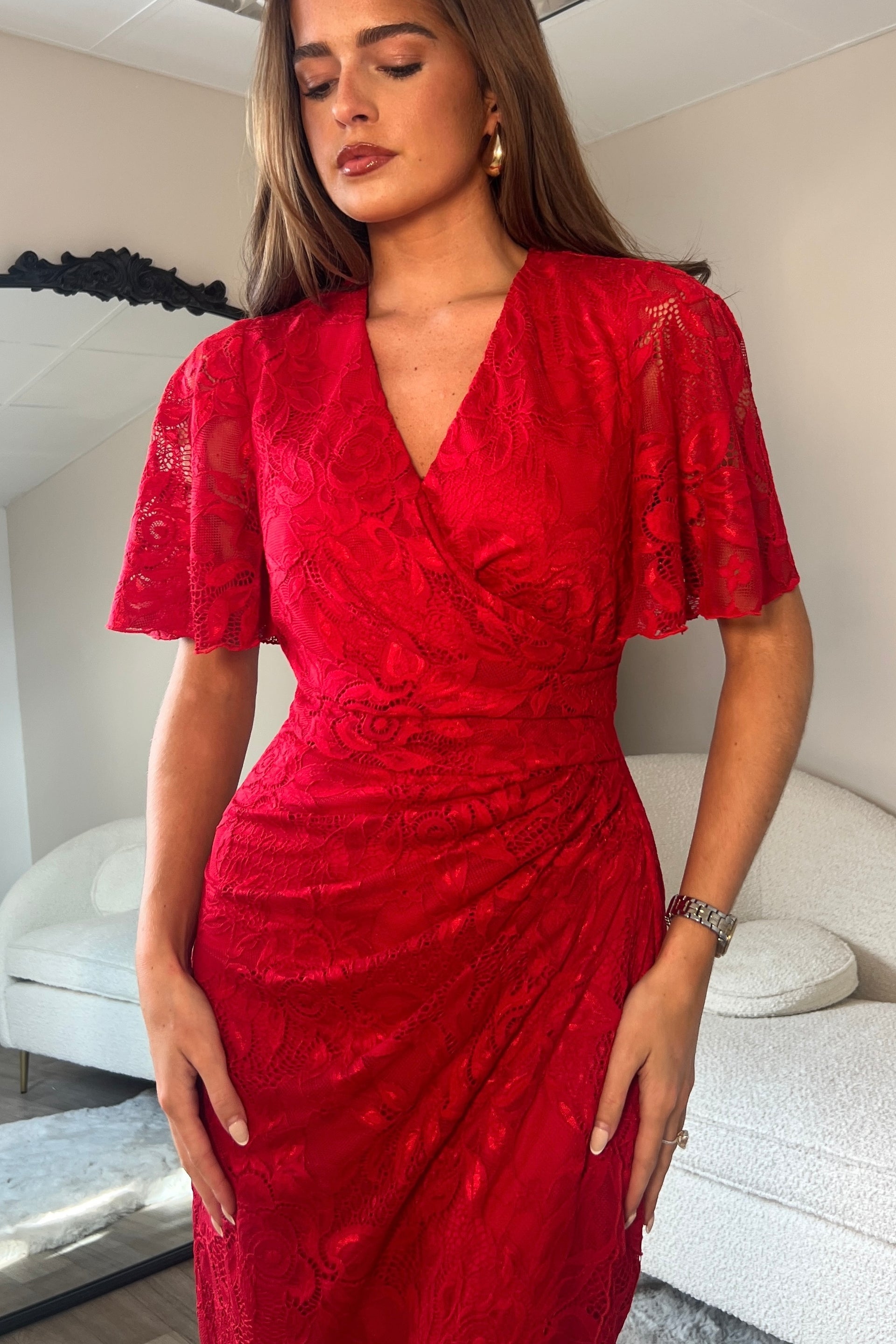 Ladies Natasha Angel Sleeve Wrap Midi Dress in Red Lace-Closer View of the Front