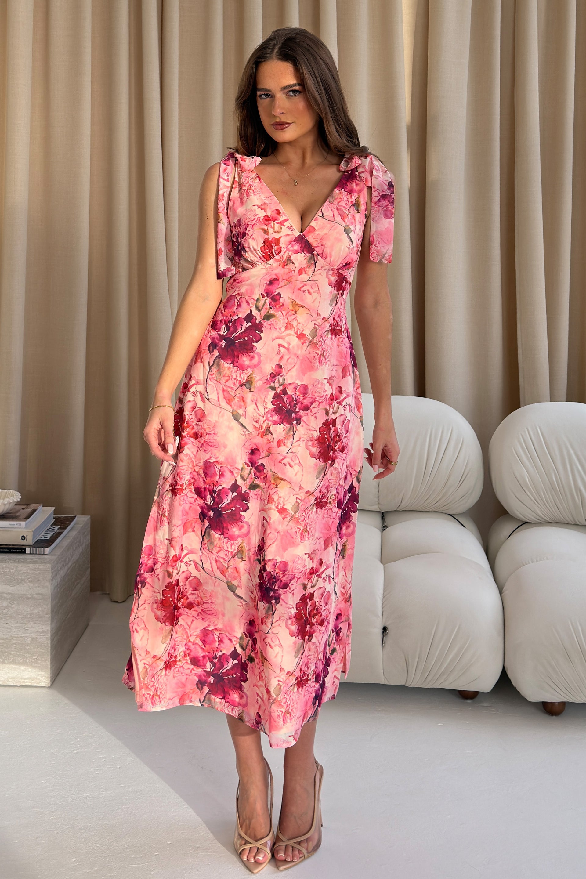 Girl In Mind Beverly Floral Tie Shoulder Midi Dress PINK front view