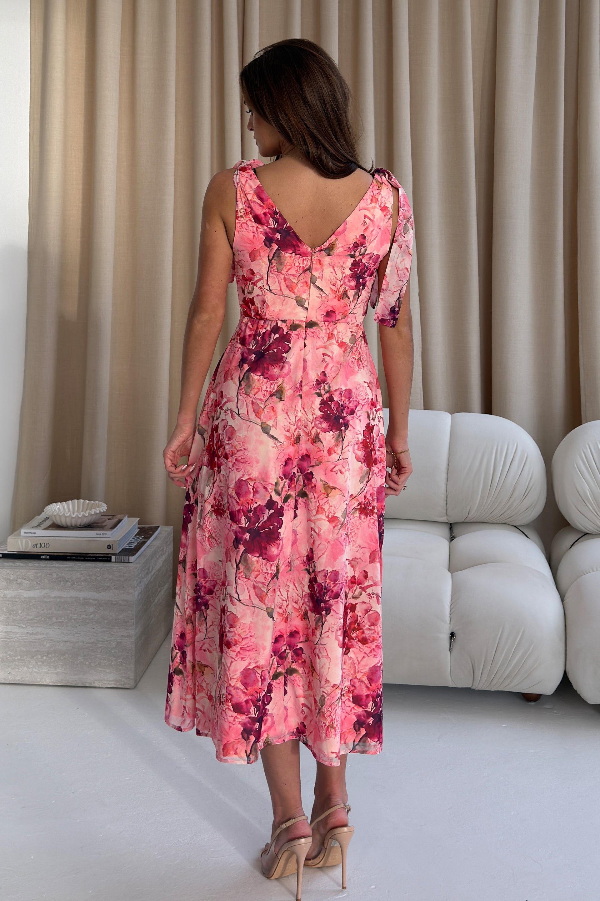 Girl In Mind Beverly Floral Tie Shoulder Midi Dress PINK flat front view