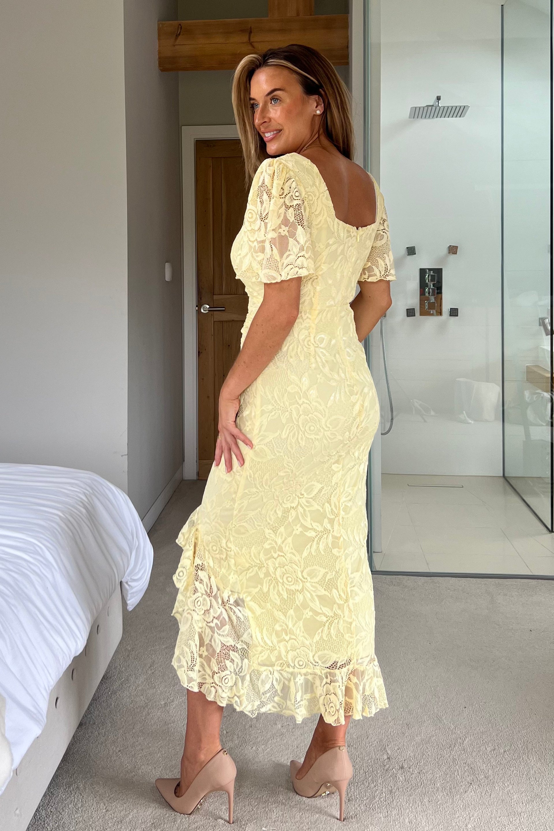 Ladies Heidi Yellow Lace Ruched Midi Dress-Back View