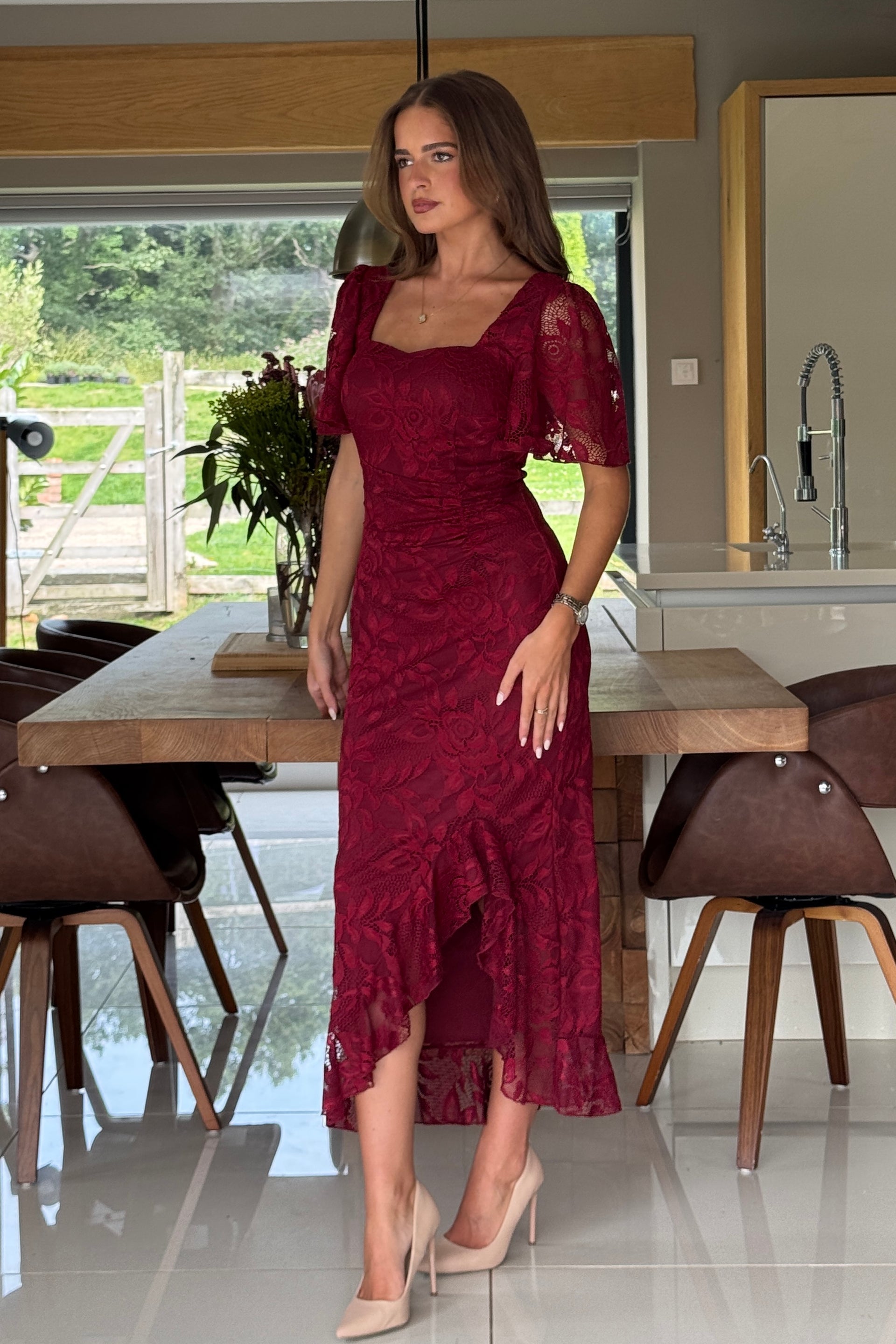 Ladies Heidi Lace Ruched Midi Berry Dress-Side View