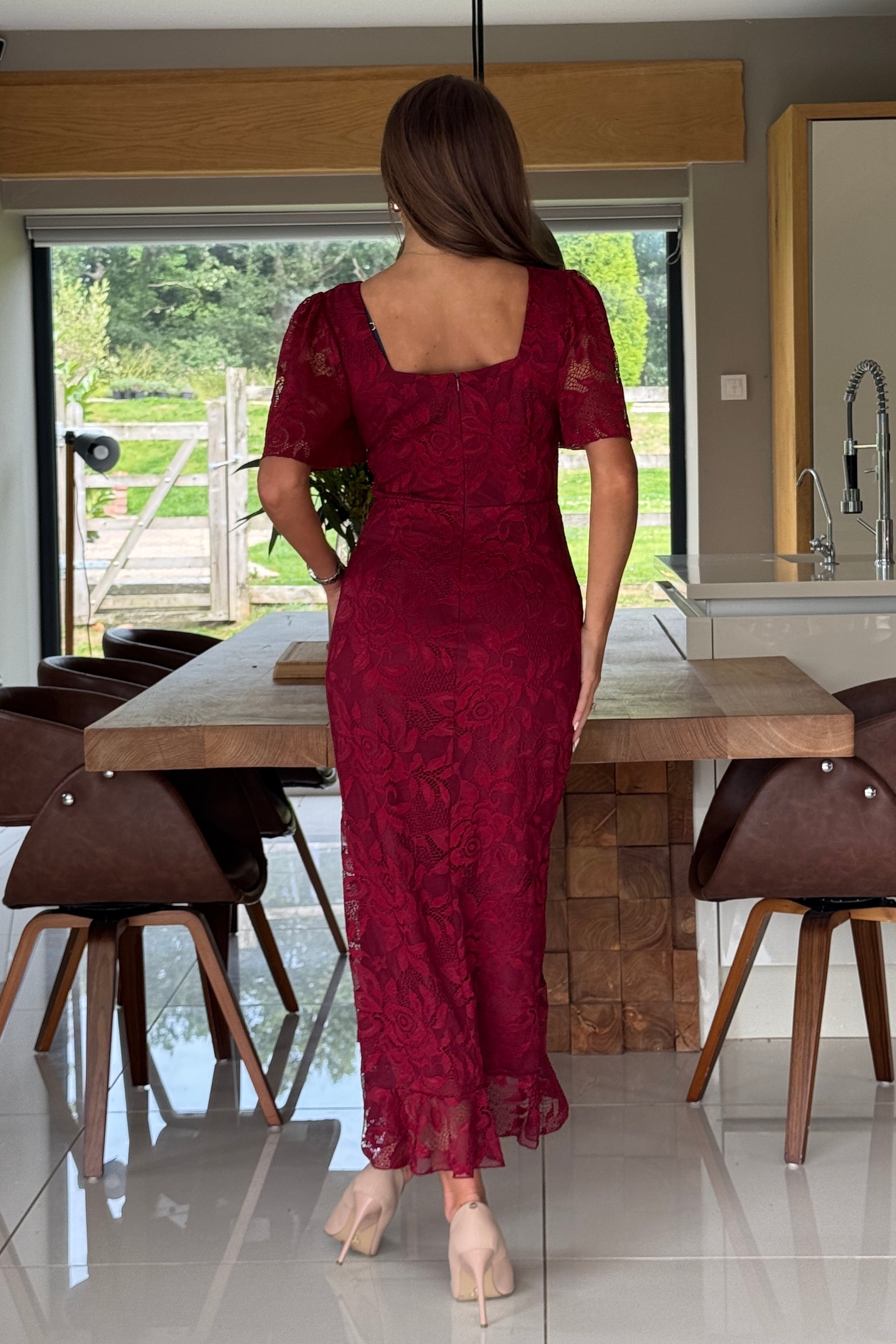Ladies Heidi Lace Ruched Midi Berry Dress-Back View