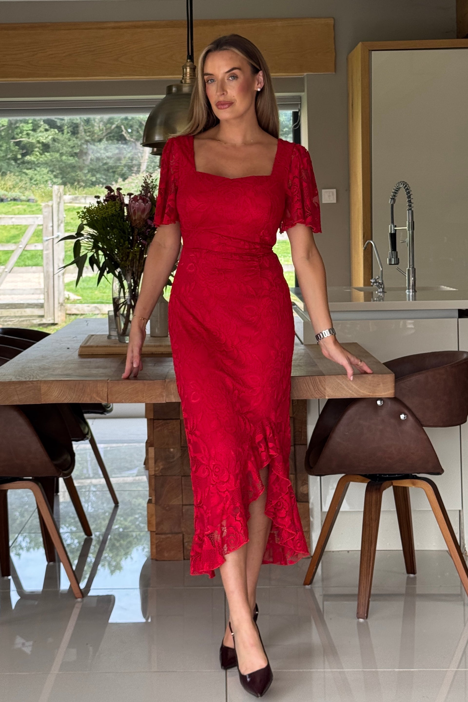 Ladies Heidi Red Lace Ruched Midi Dress-Model Front View