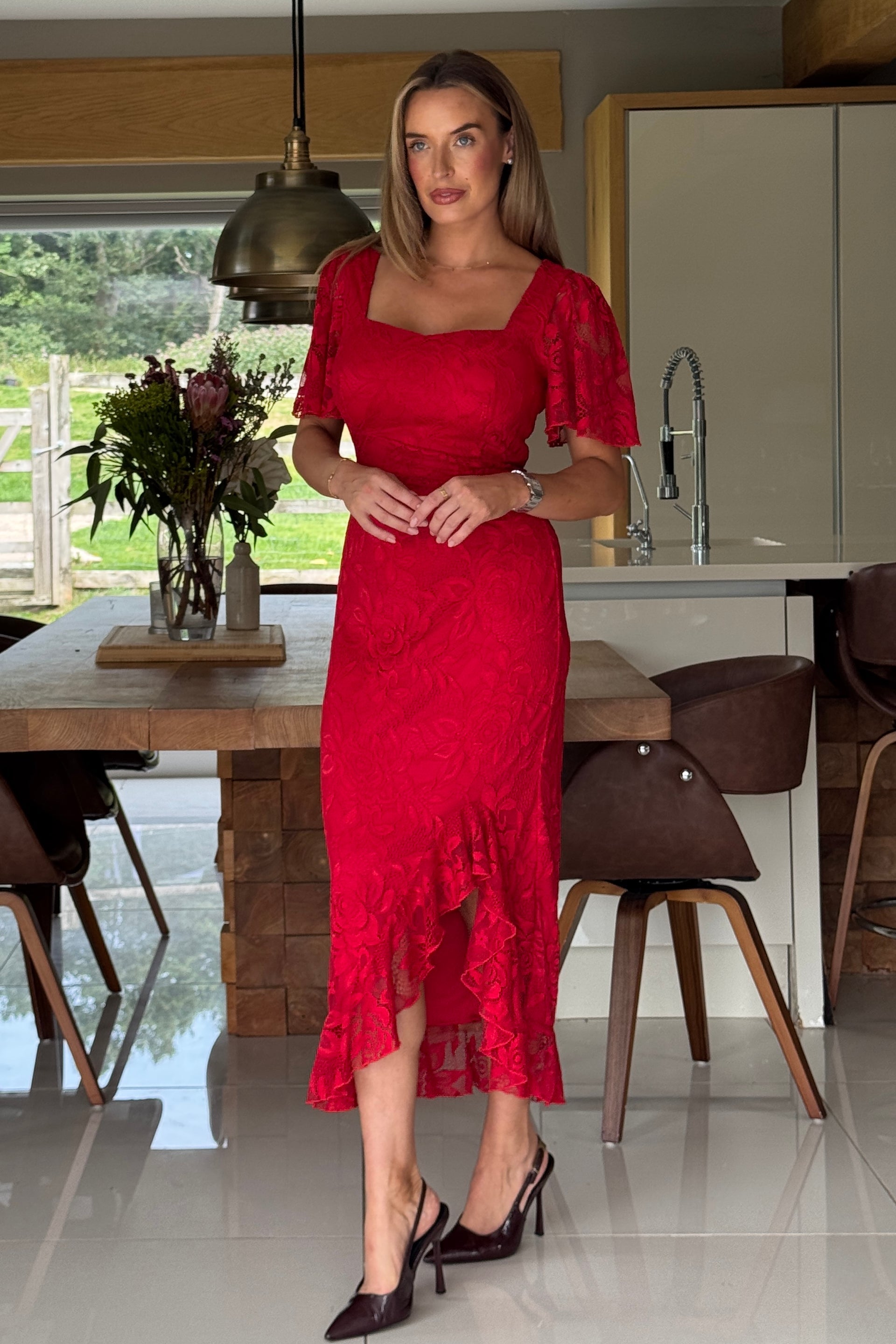 Ladies Heidi Red Lace Ruched Midi Dress-Side View
