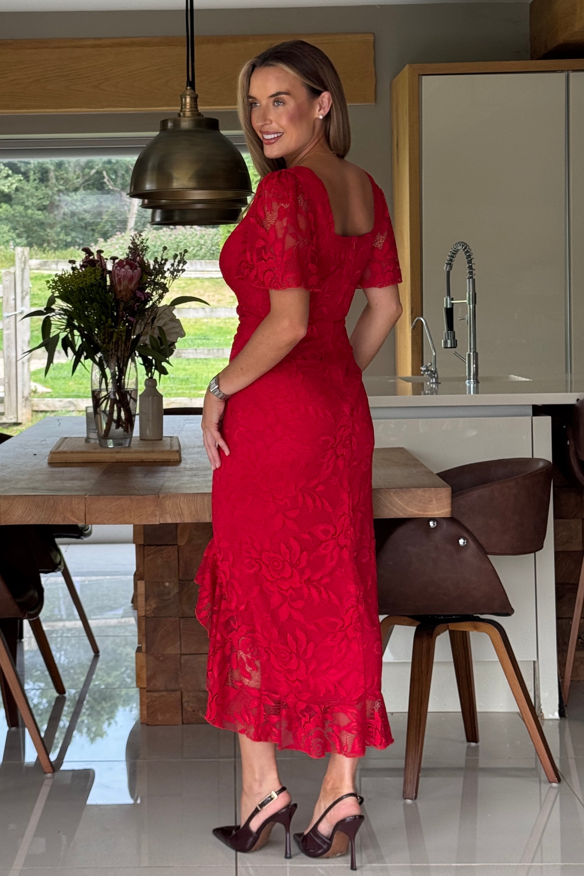 Ladies Heidi Red Lace Ruched Midi Dress-Back View