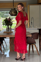 Girl In Mind Heidi Red Lace Ruched Midi Dress RED side view