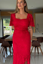 Girl In Mind Heidi Red Lace Ruched Midi Dress RED detail view