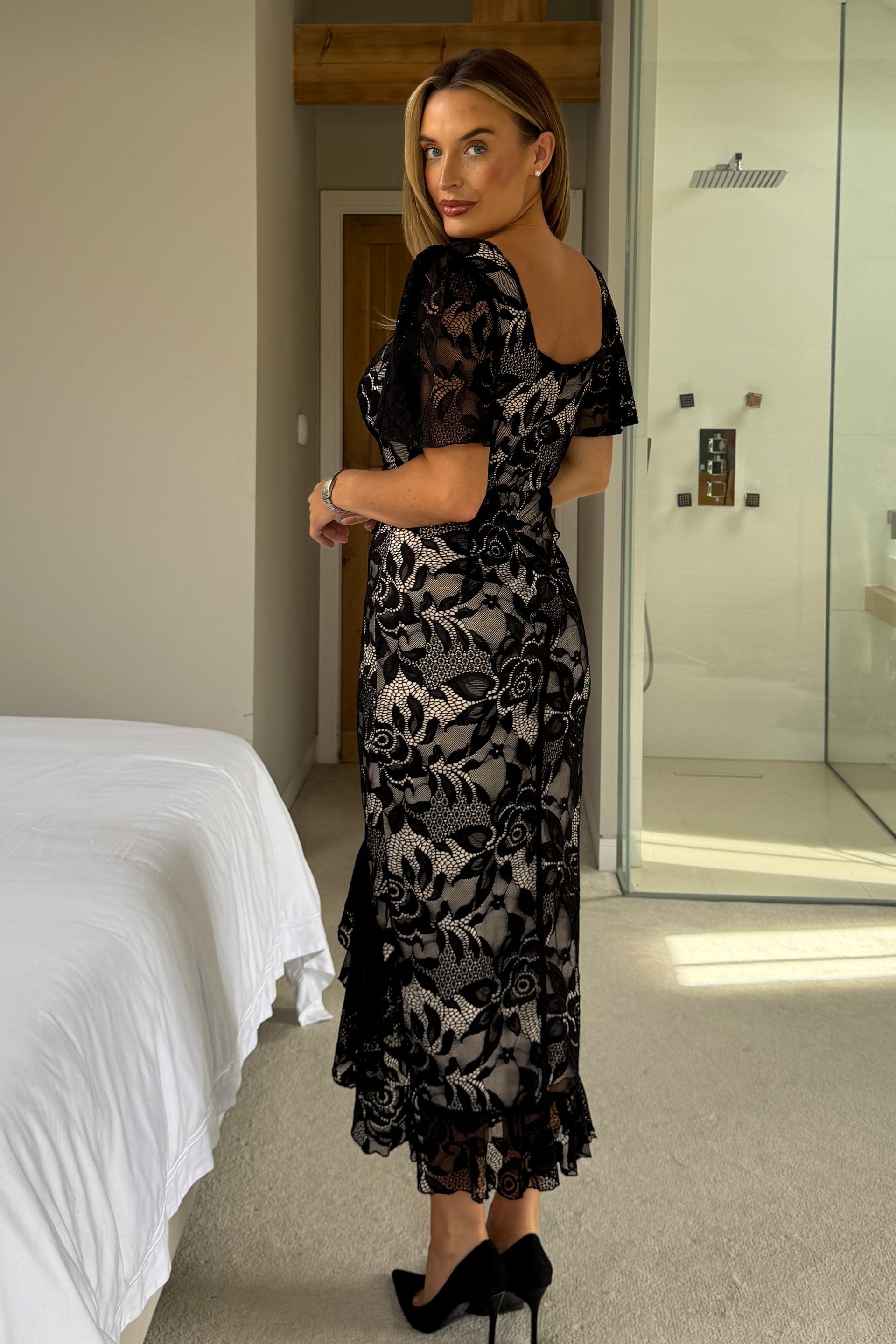 Ladies Heidi Black & Nude Lace Ruched Midi Dress-Back View