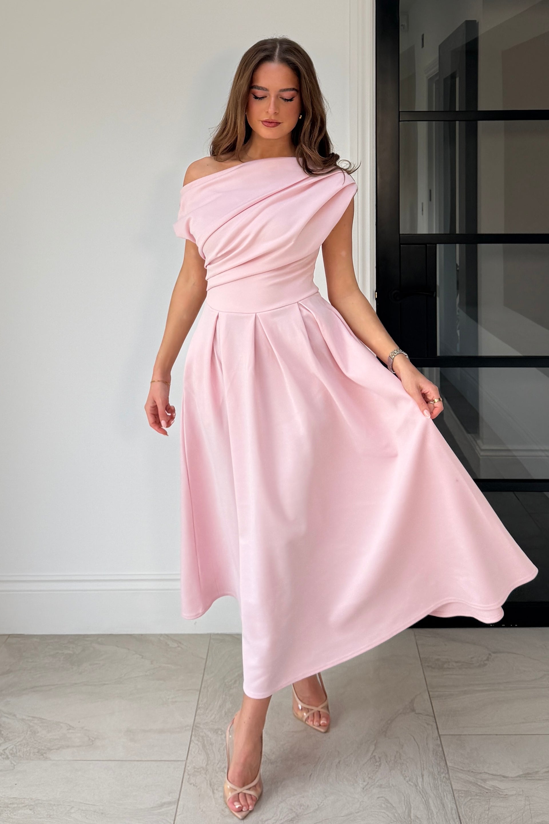 Girl In Mind Betty Asymmetric Neckline Skater Midi Pink in Pink side view