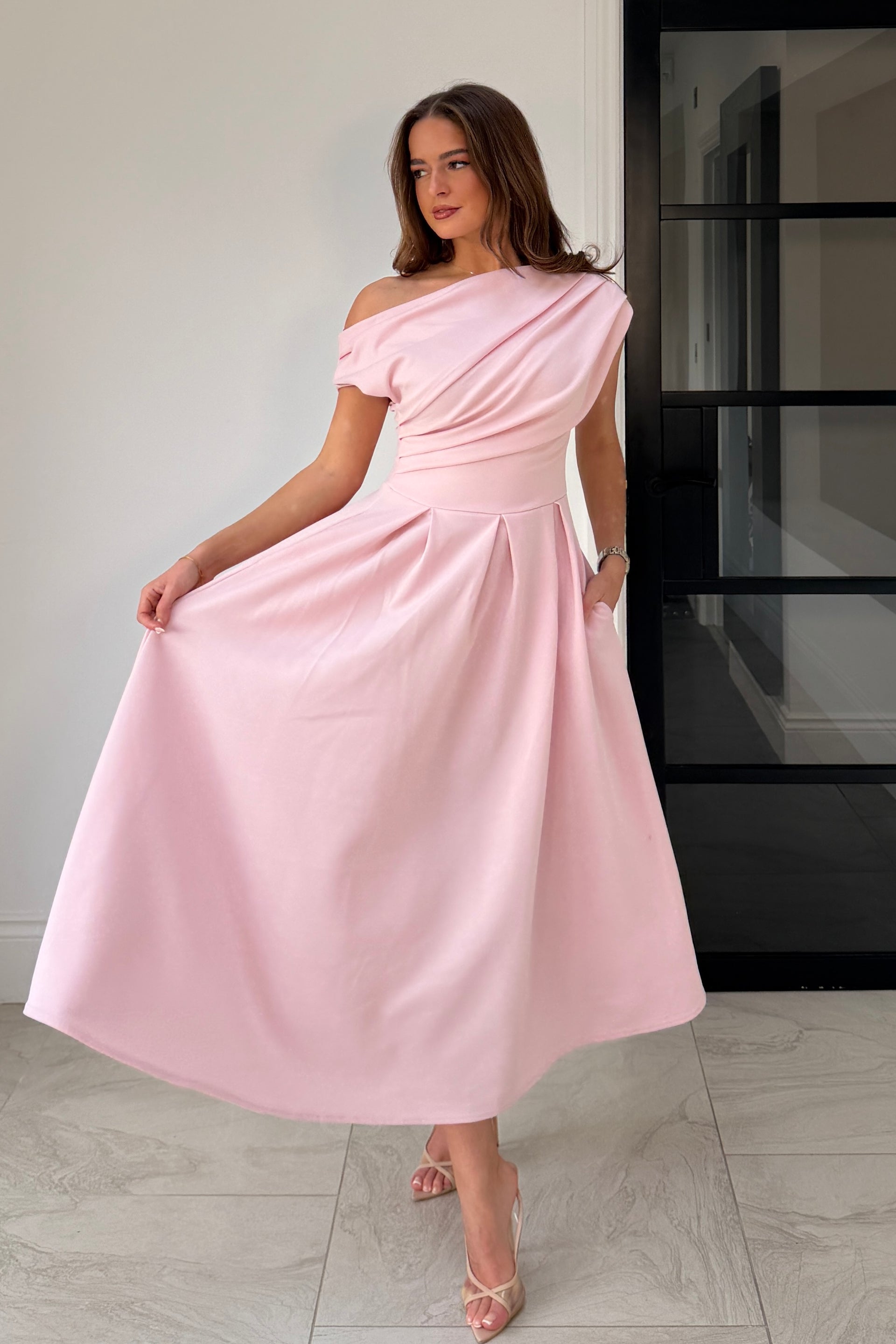 Girl In Mind Betty Asymmetric Neckline Skater Midi Pink in Pink back view