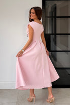 Detail view of Betty pink asymmetric midi dress